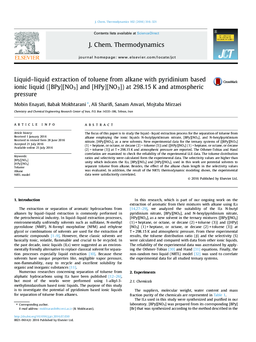 Liquid–liquid extraction of toluene from alkane with pyridinium based ionic liquid ([BPy][NO3] and [HPy][NO3]) at 298.15 K and atmospheric pressure