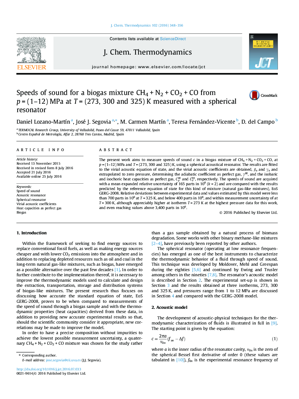 Speeds of sound for a biogas mixture CH4 + N2 + CO2 + CO from p = (1–12) MPa at T = (273, 300 and 325) K measured with a spherical resonator