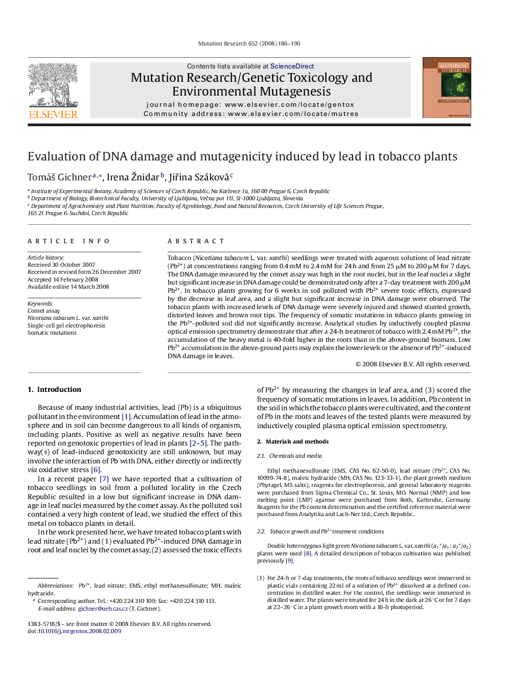 Evaluation of DNA damage and mutagenicity induced by lead in tobacco plants