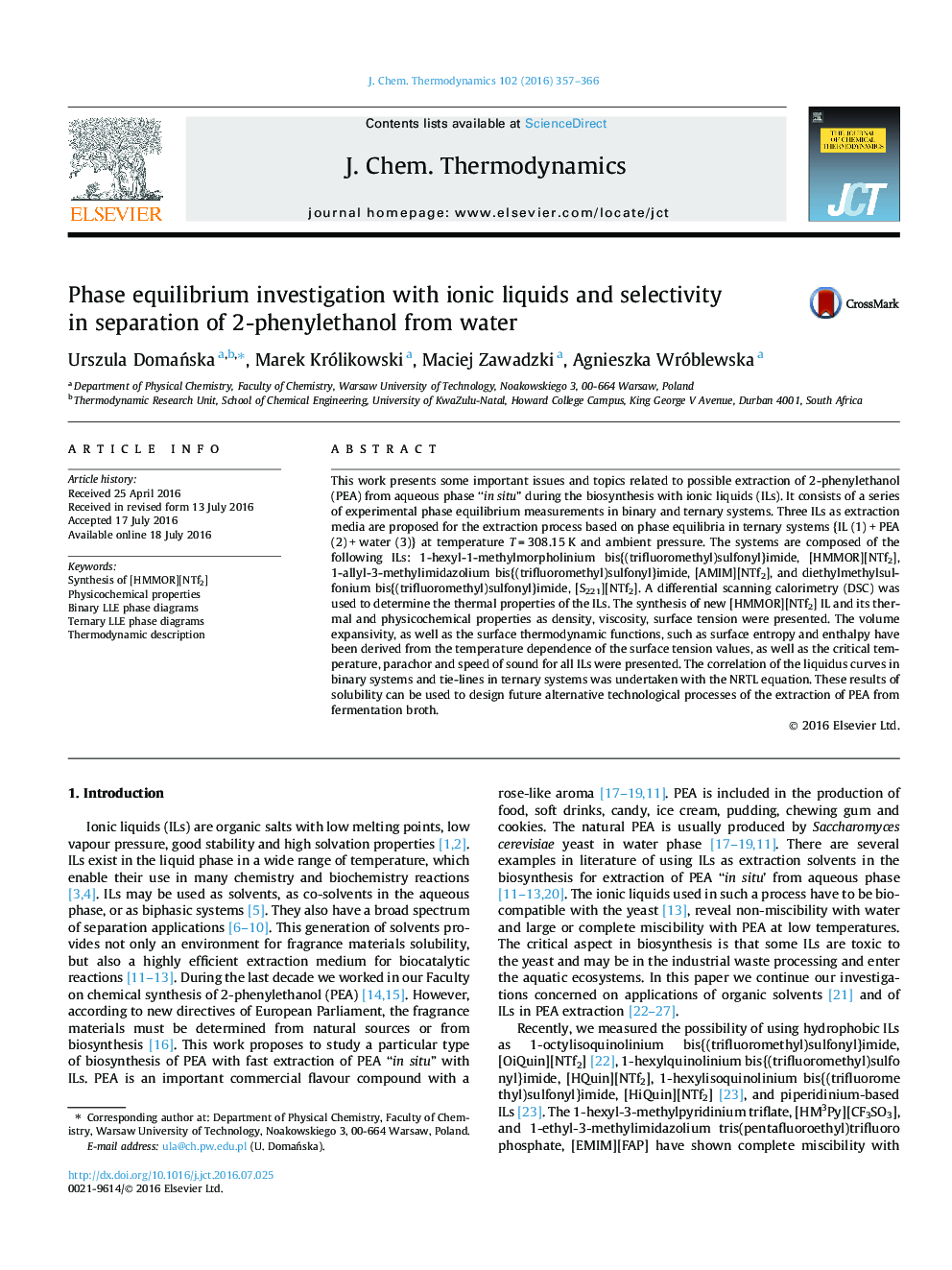 بررسی تعادل فاز با مایعات یونی و انتخابی در جداسازی 2-فنیل اتانول از آب