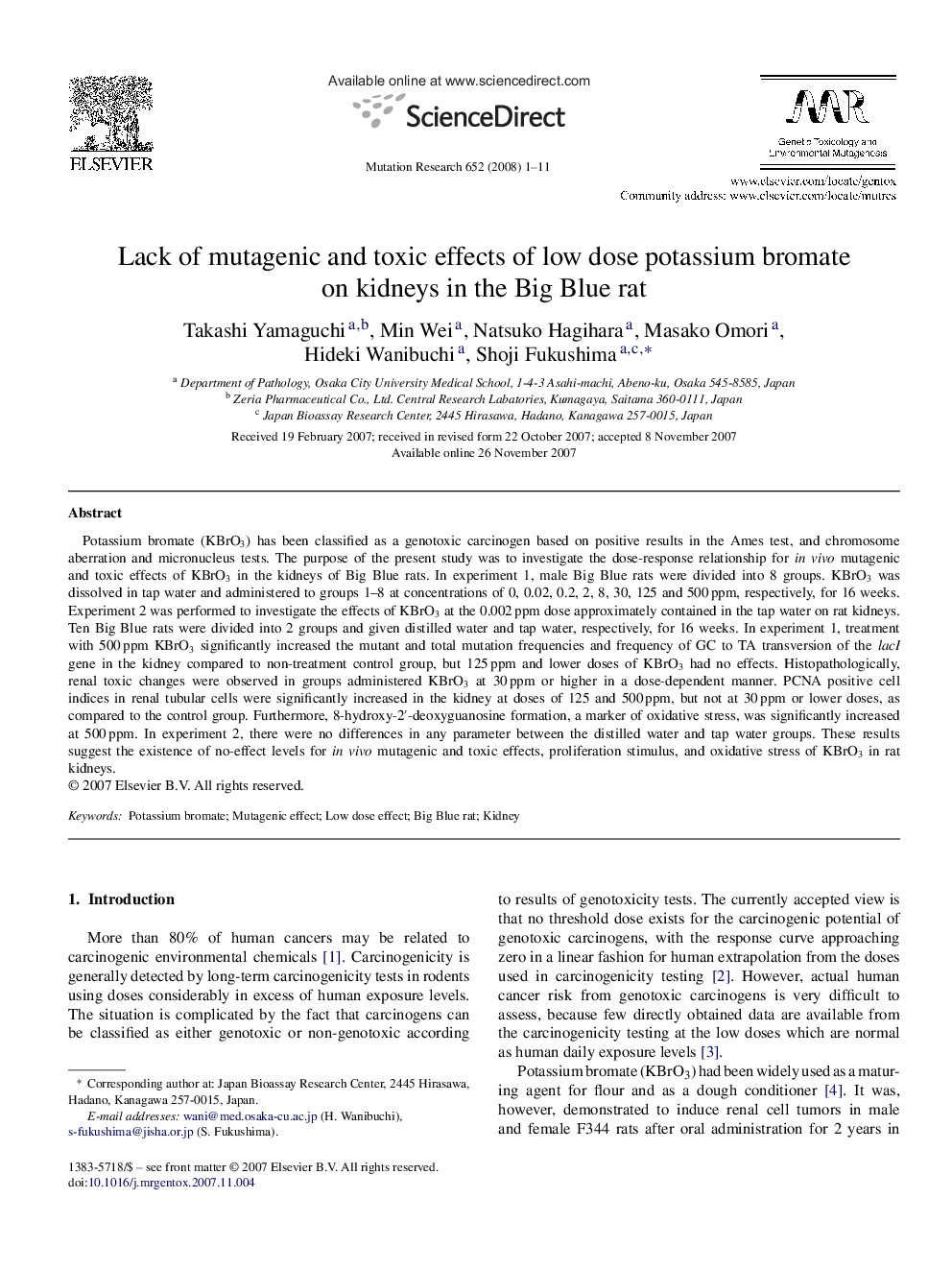 Lack of mutagenic and toxic effects of low dose potassium bromate on kidneys in the Big Blue rat