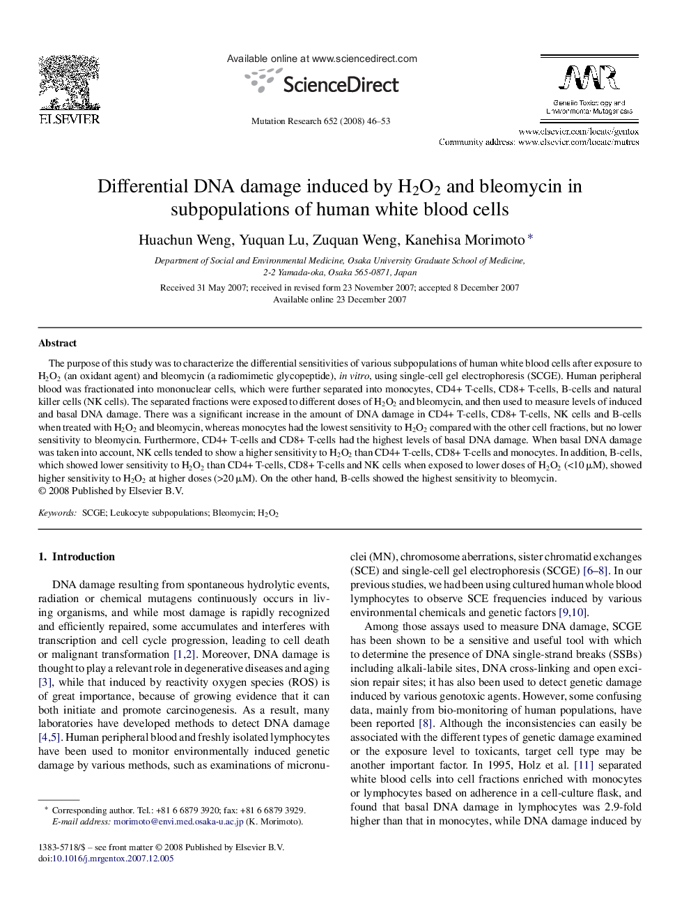 Differential DNA damage induced by H2O2 and bleomycin in subpopulations of human white blood cells