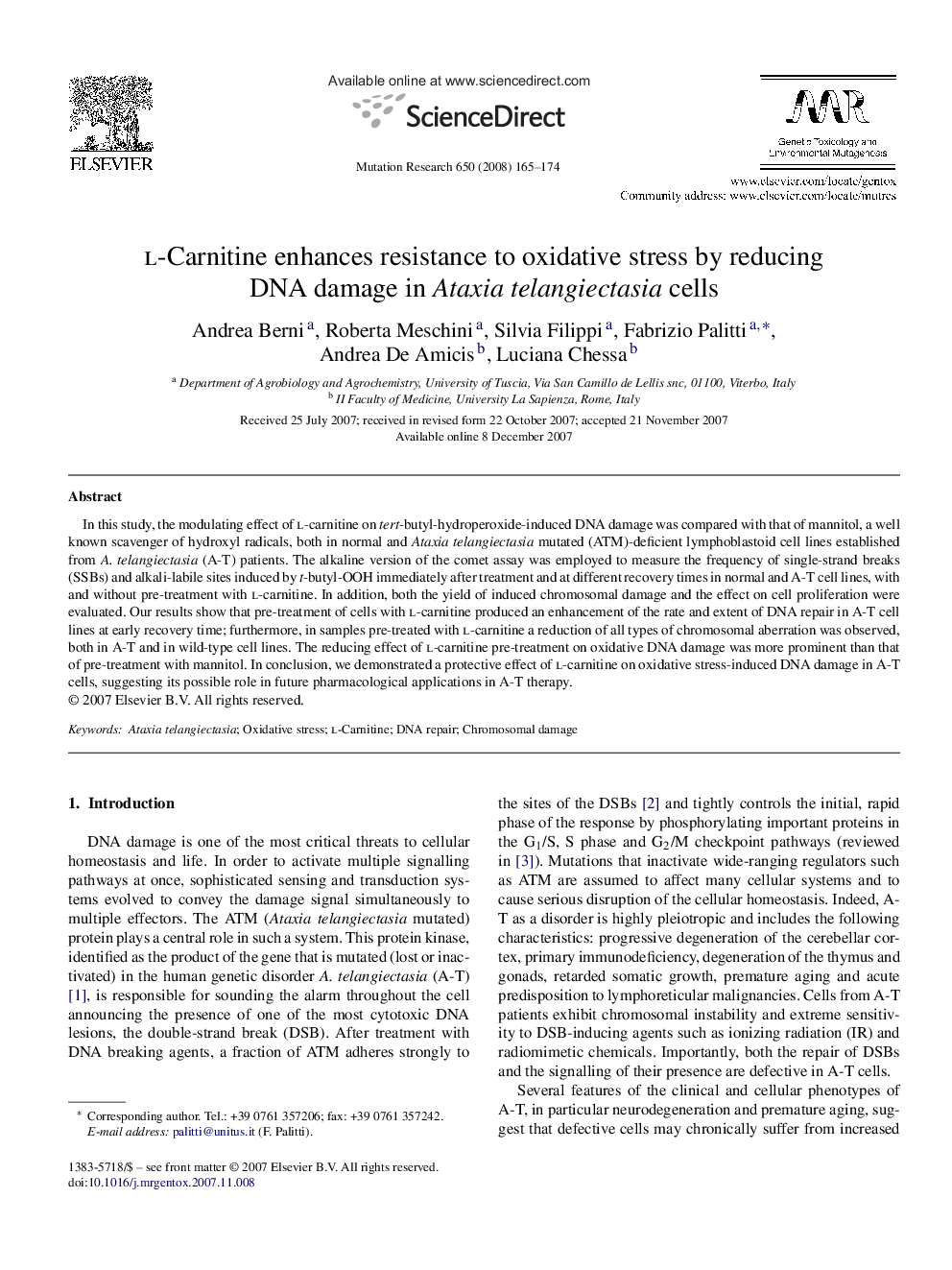 l-Carnitine enhances resistance to oxidative stress by reducing DNA damage in Ataxia telangiectasia cells