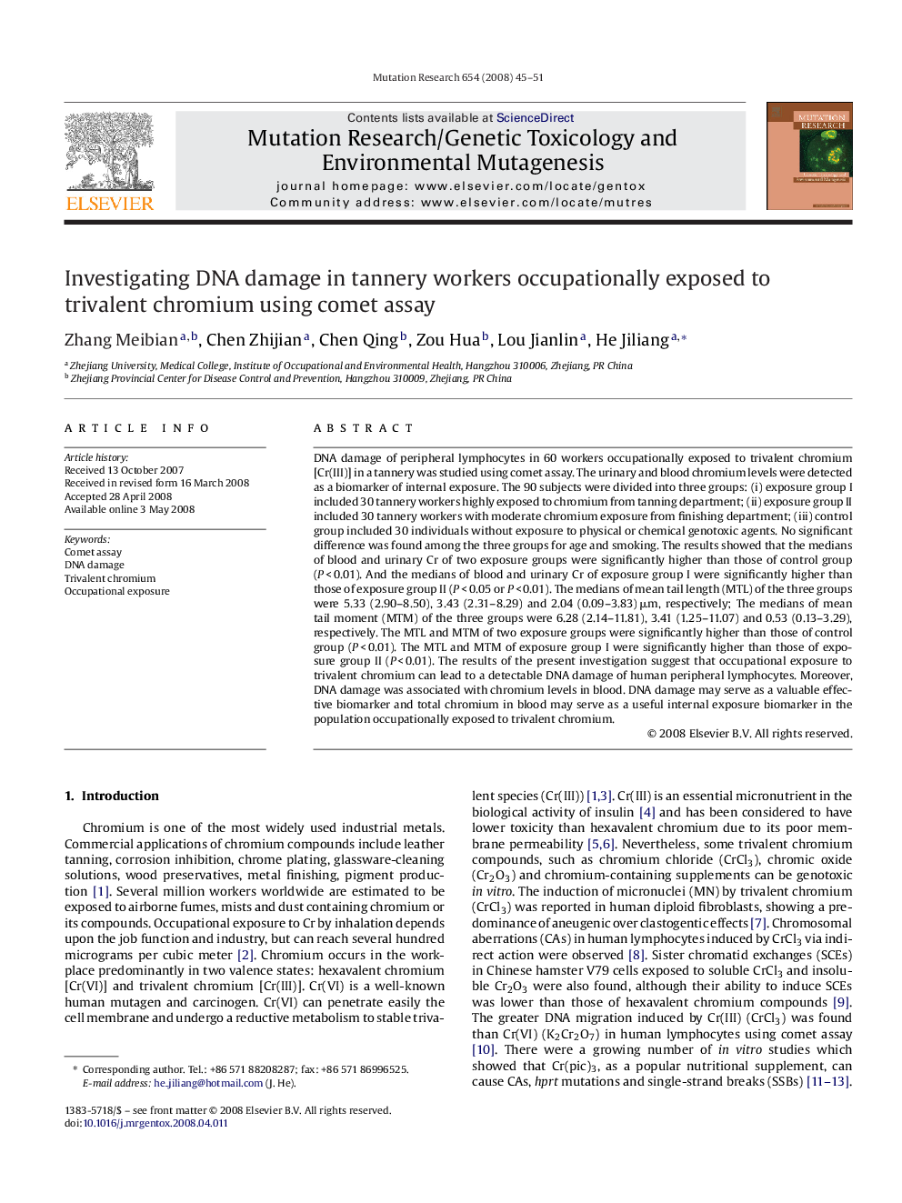 Investigating DNA damage in tannery workers occupationally exposed to trivalent chromium using comet assay