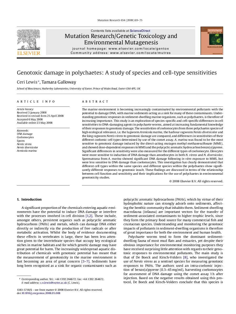 Genotoxic damage in polychaetes: A study of species and cell-type sensitivities