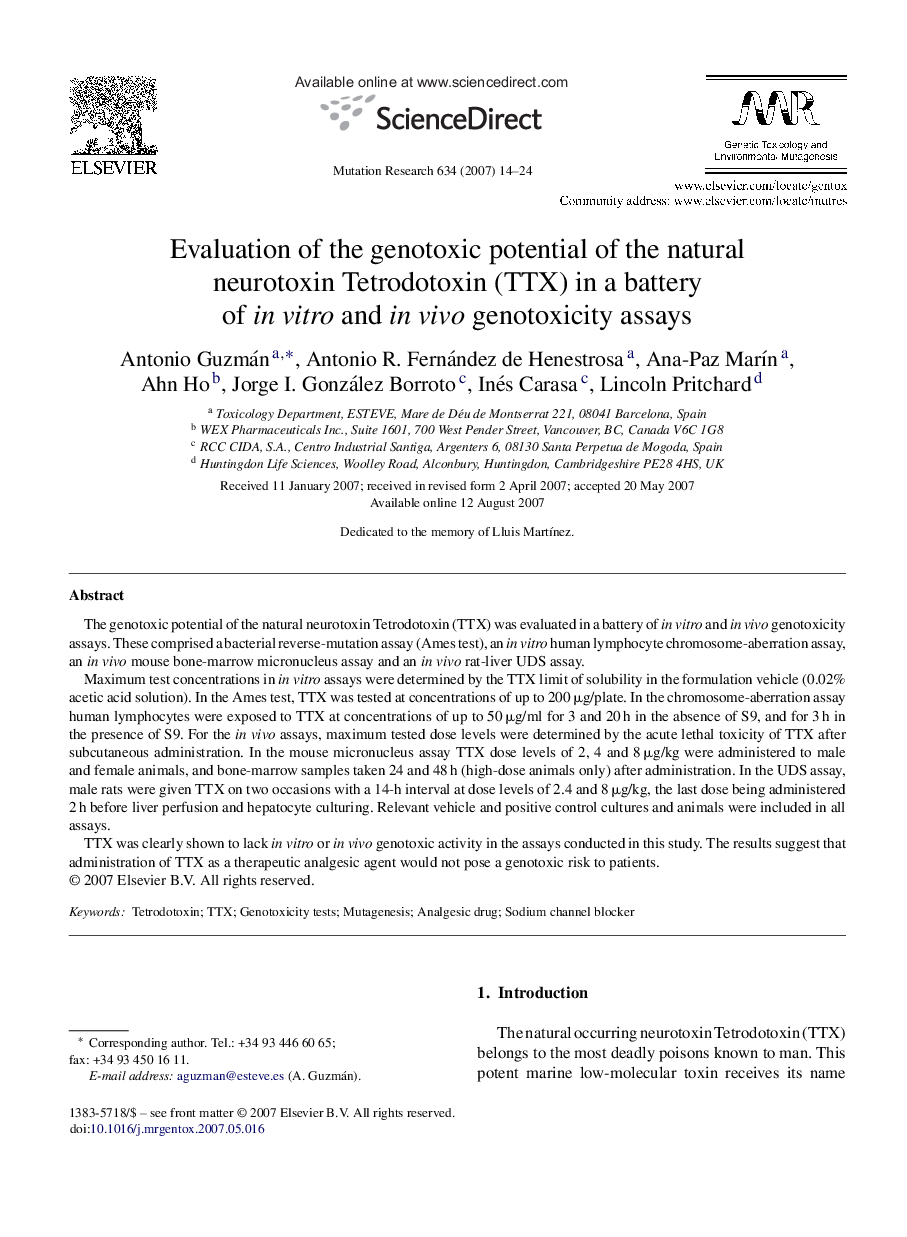 Evaluation of the genotoxic potential of the natural neurotoxin Tetrodotoxin (TTX) in a battery of in vitro and in vivo genotoxicity assays