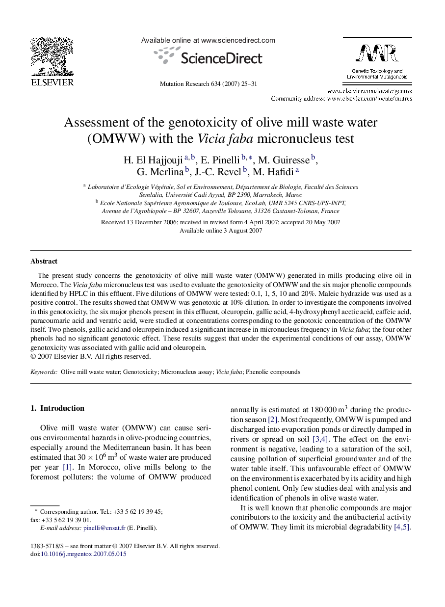 Assessment of the genotoxicity of olive mill waste water (OMWW) with the Vicia faba micronucleus test