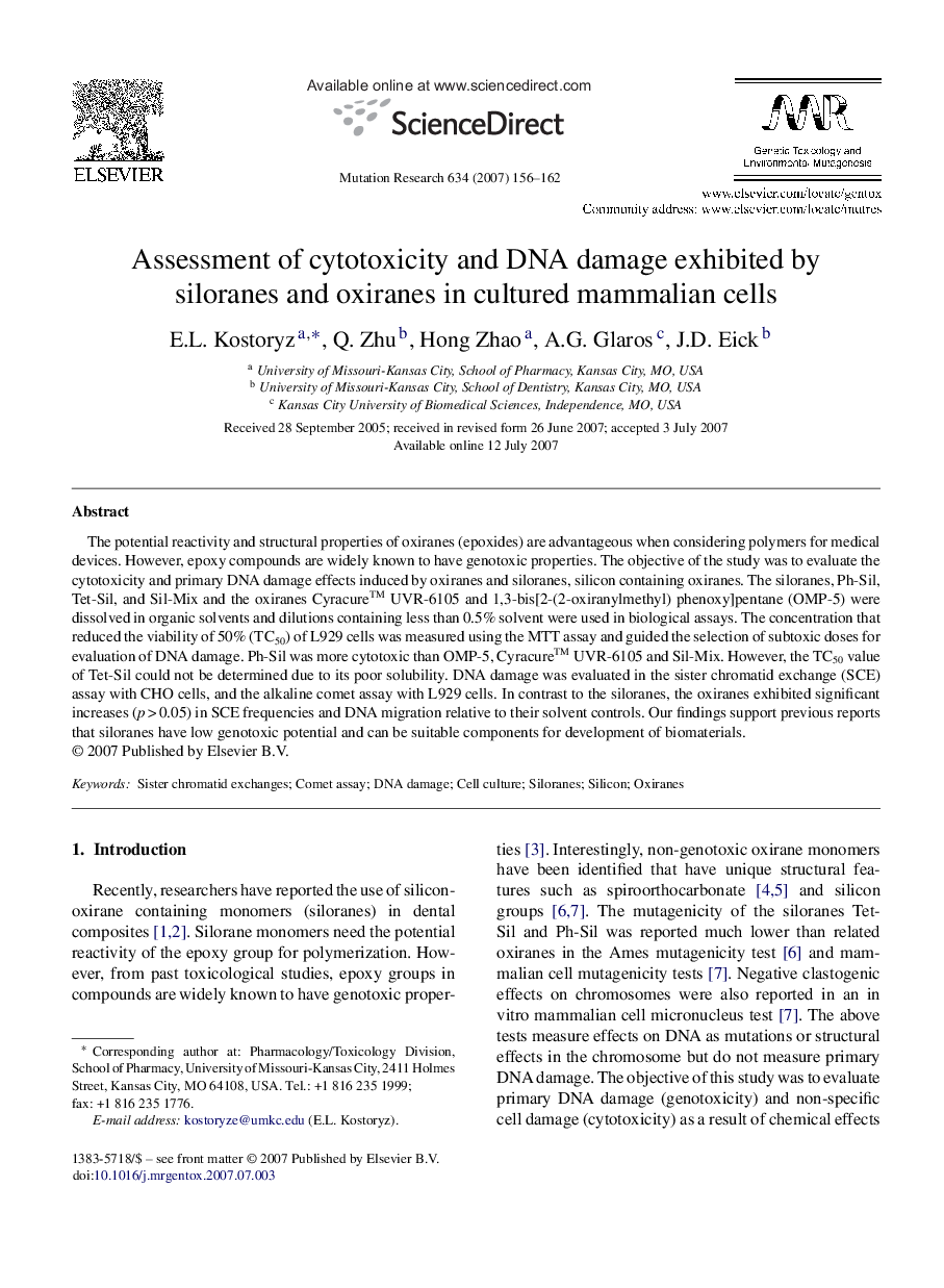 Assessment of cytotoxicity and DNA damage exhibited by siloranes and oxiranes in cultured mammalian cells