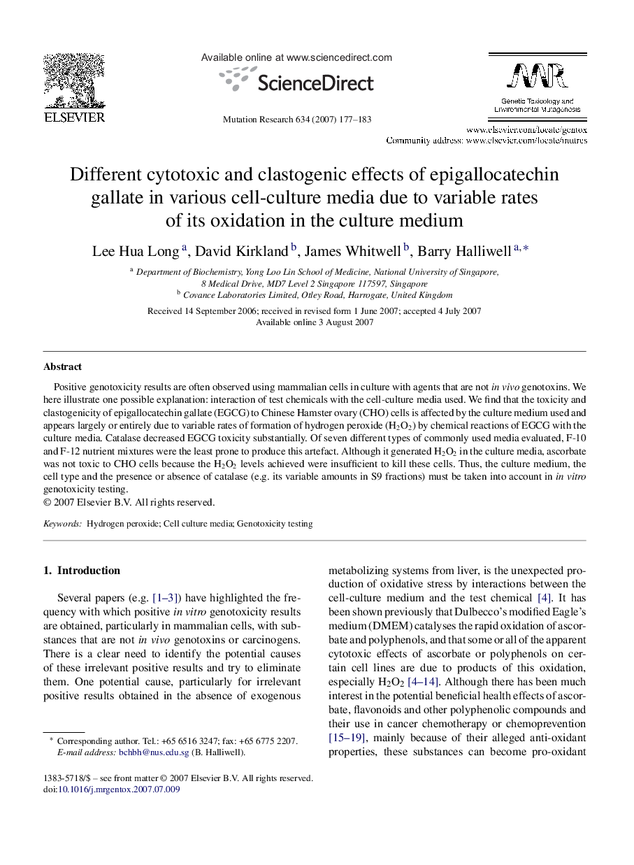 Different cytotoxic and clastogenic effects of epigallocatechin gallate in various cell-culture media due to variable rates of its oxidation in the culture medium