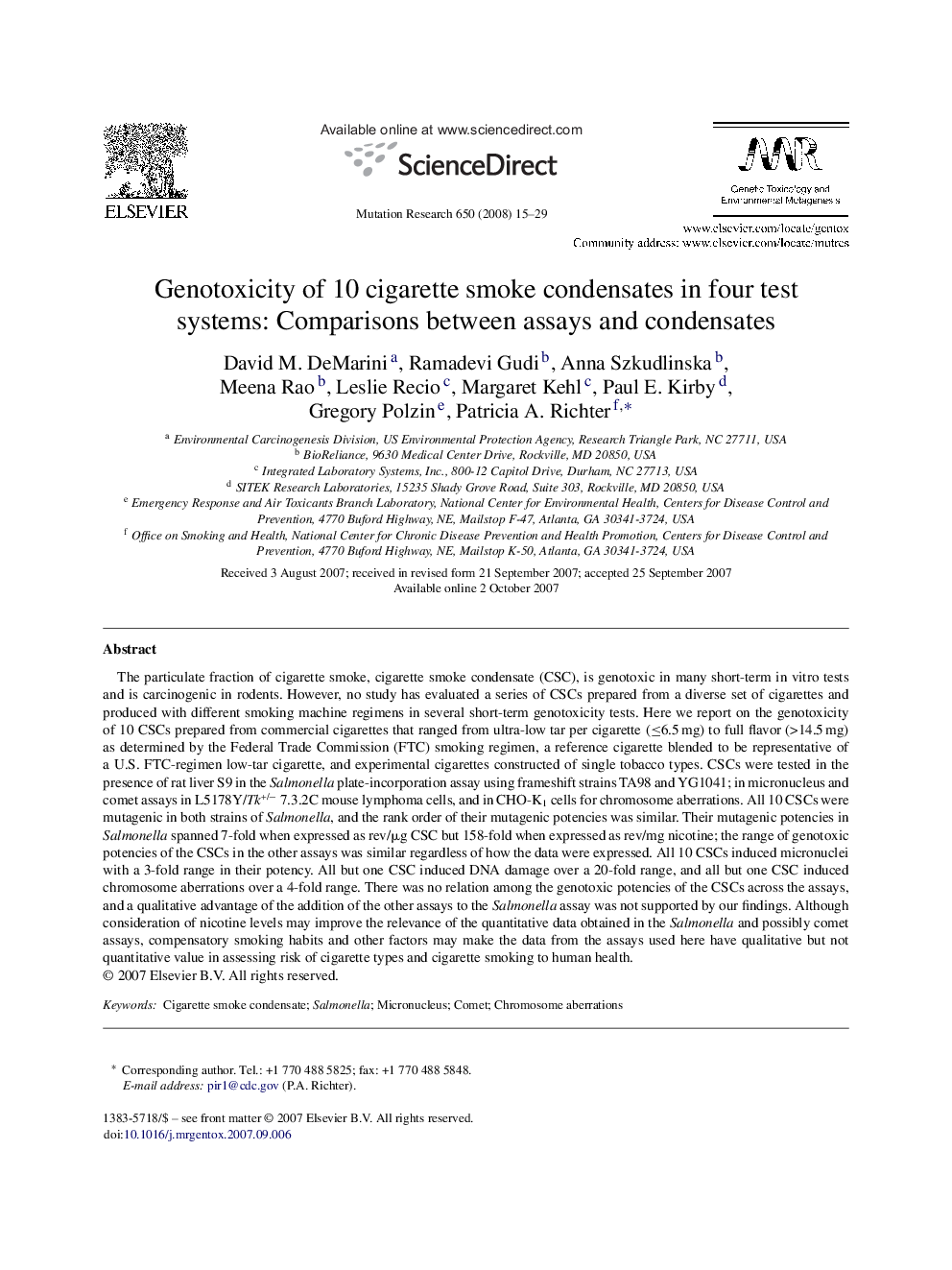 Genotoxicity of 10 cigarette smoke condensates in four test systems: Comparisons between assays and condensates