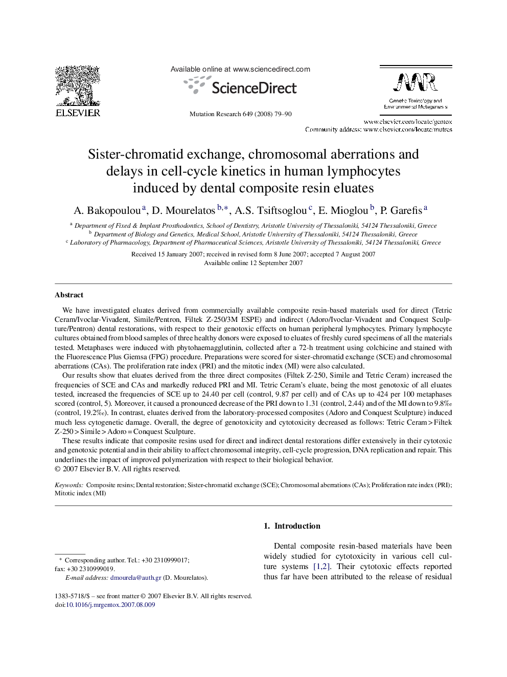 Sister-chromatid exchange, chromosomal aberrations and delays in cell-cycle kinetics in human lymphocytes induced by dental composite resin eluates