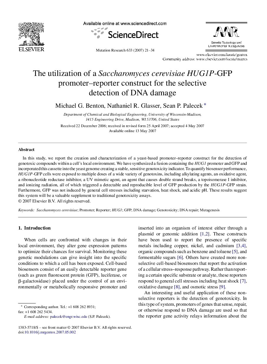 The utilization of a Saccharomyces cerevisiae HUG1P-GFP promoter–reporter construct for the selective detection of DNA damage