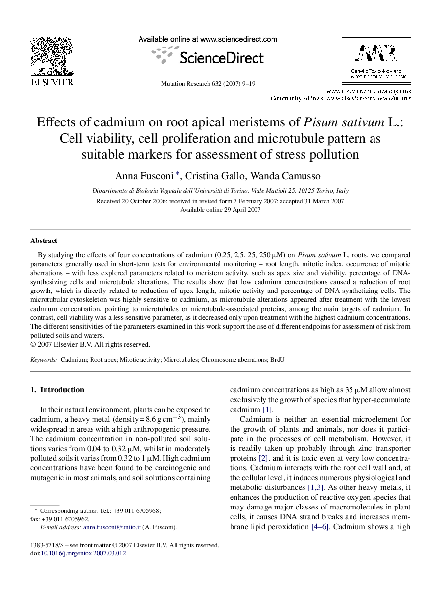 Effects of cadmium on root apical meristems of Pisum sativum L.: Cell viability, cell proliferation and microtubule pattern as suitable markers for assessment of stress pollution