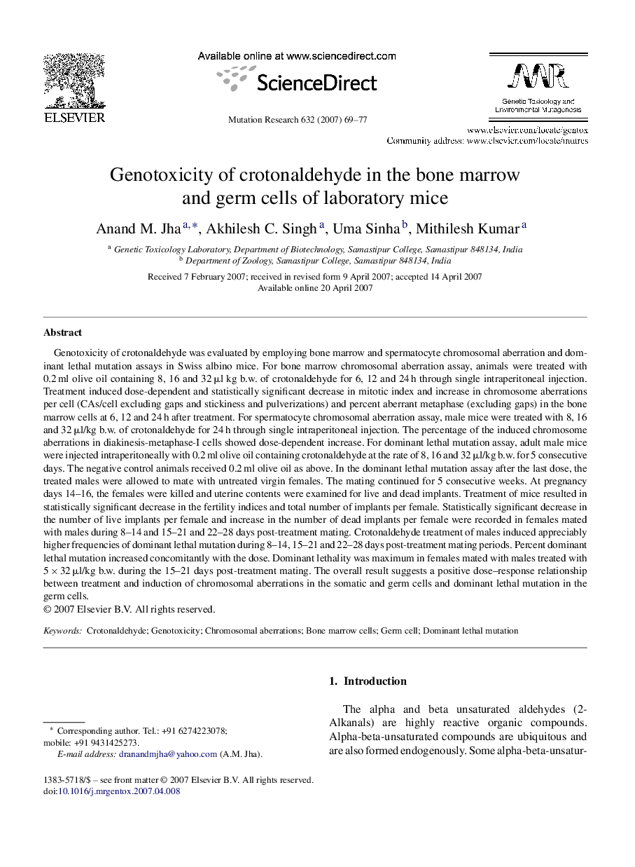 عکس صفحه اول مقاله: Genotoxicity of crotonaldehyde in the bone marrow and germ cells of laboratory mice Genotoxicity of crotonaldehyde in the bone marrow and germ cells of laboratory mice