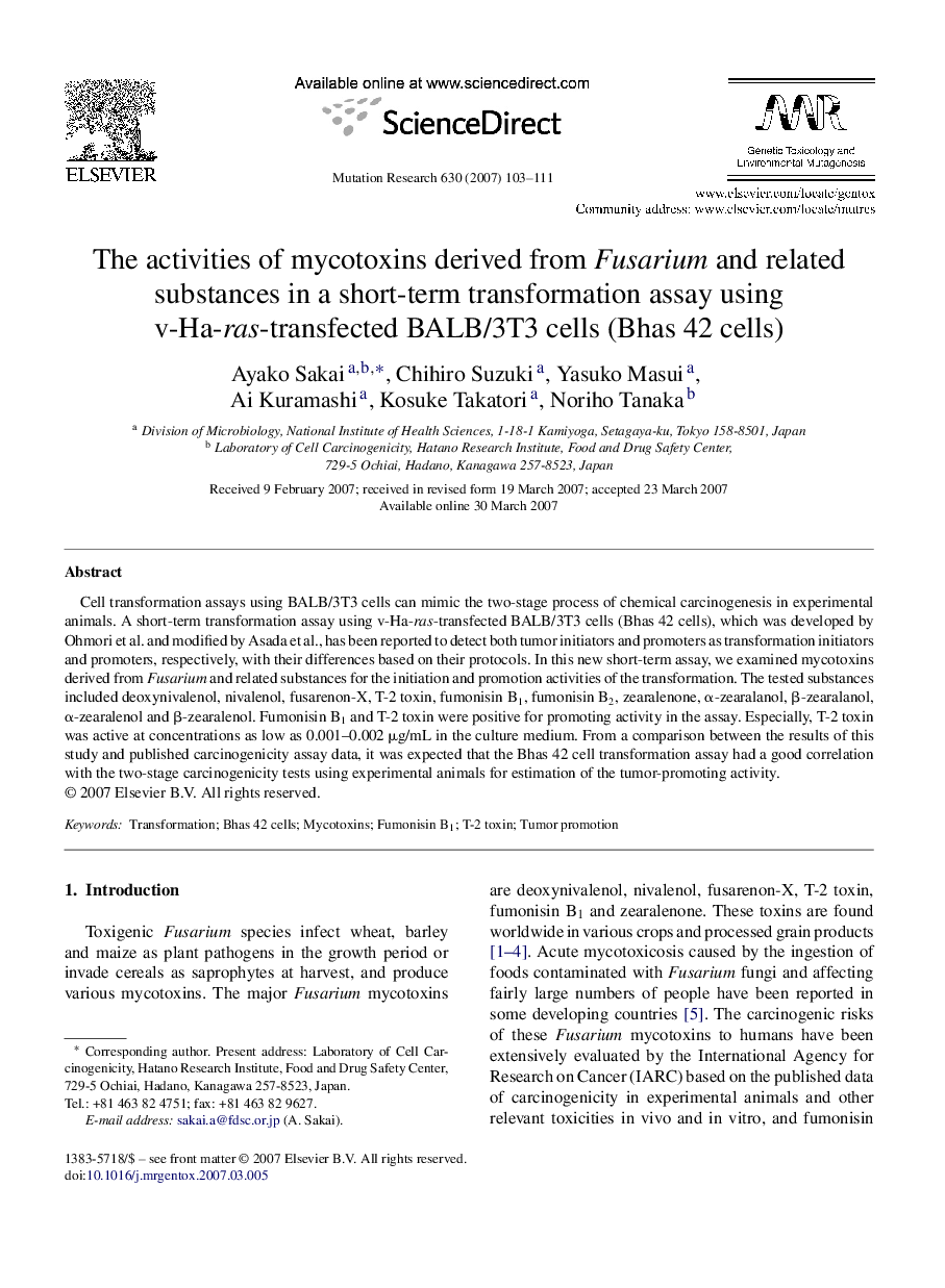 The activities of mycotoxins derived from Fusarium and related substances in a short-term transformation assay using v-Ha-ras-transfected BALB/3T3 cells (Bhas 42 cells)