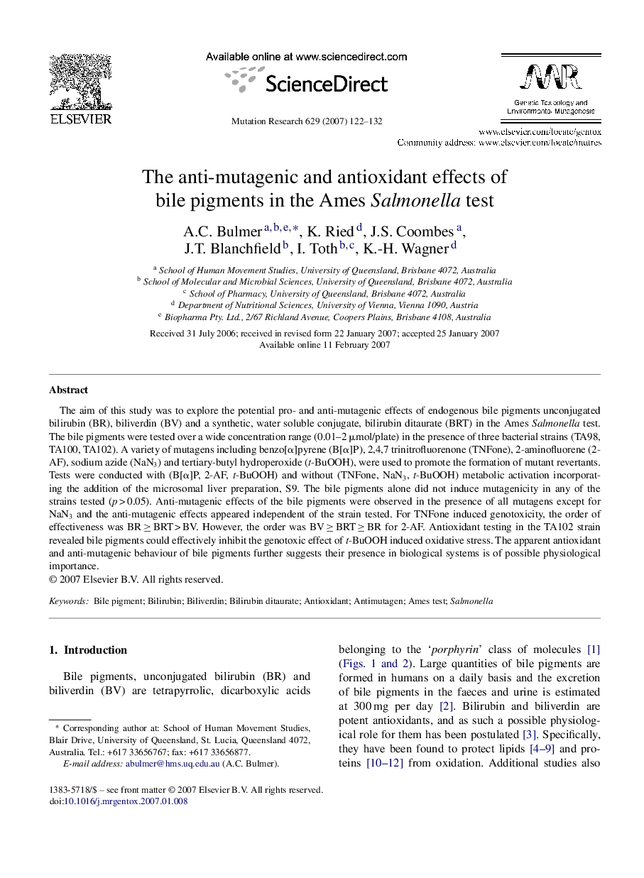 The anti-mutagenic and antioxidant effects of bile pigments in the Ames Salmonella test