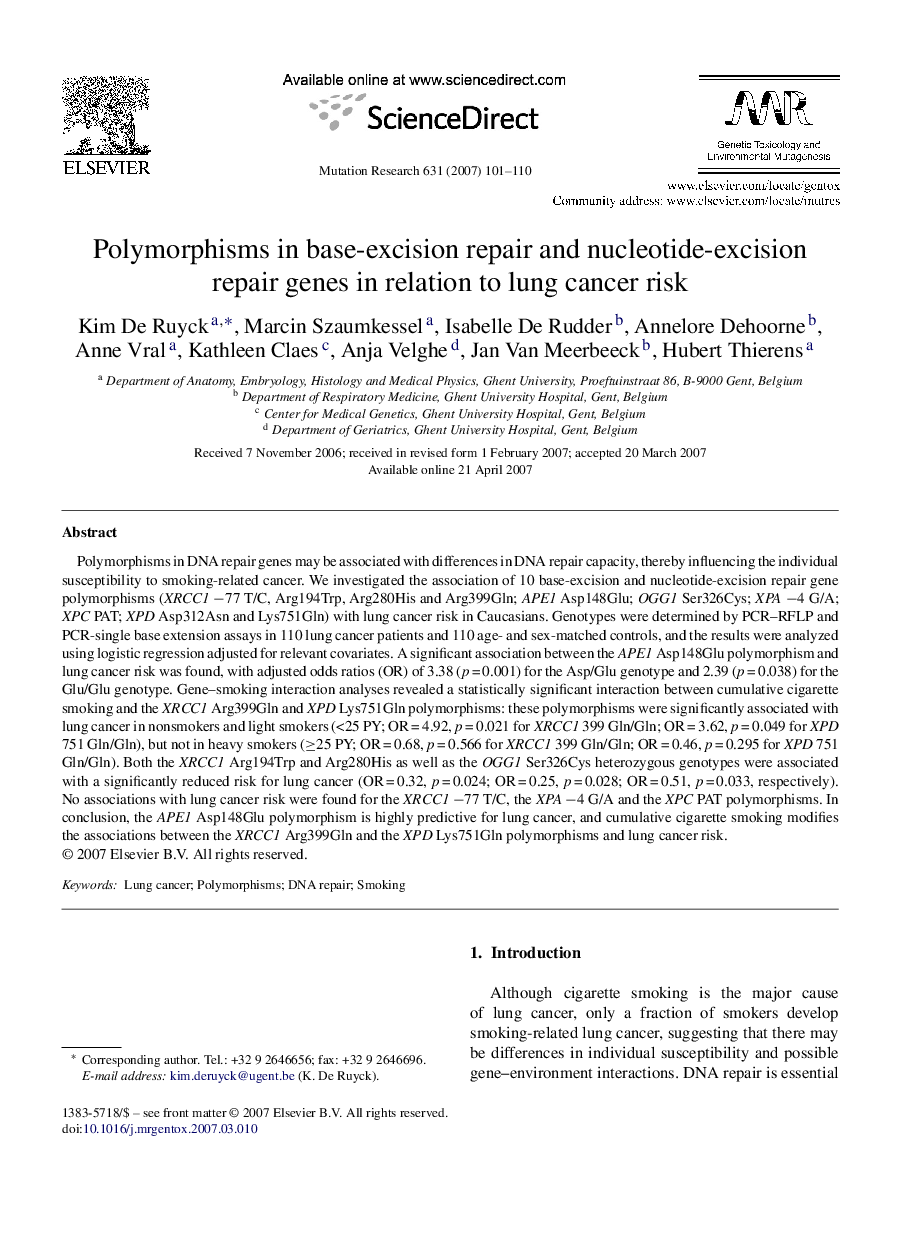 عکس صفحه اول مقاله: Polymorphisms in base-excision repair and nucleotide-excision repair genes in relation to lung cancer risk Polymorphisms in base-excision repair and nucleotide-excision repair genes in relation to lung cancer risk