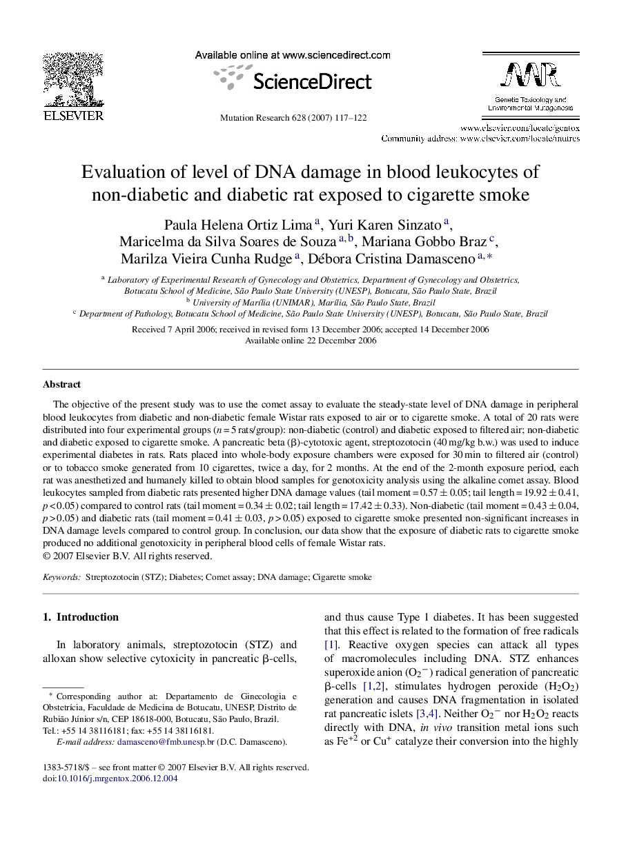 Evaluation of level of DNA damage in blood leukocytes of non-diabetic and diabetic rat exposed to cigarette smoke