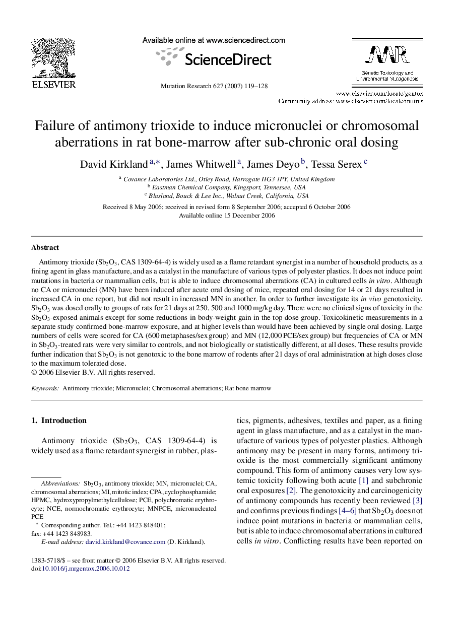 Failure of antimony trioxide to induce micronuclei or chromosomal aberrations in rat bone-marrow after sub-chronic oral dosing