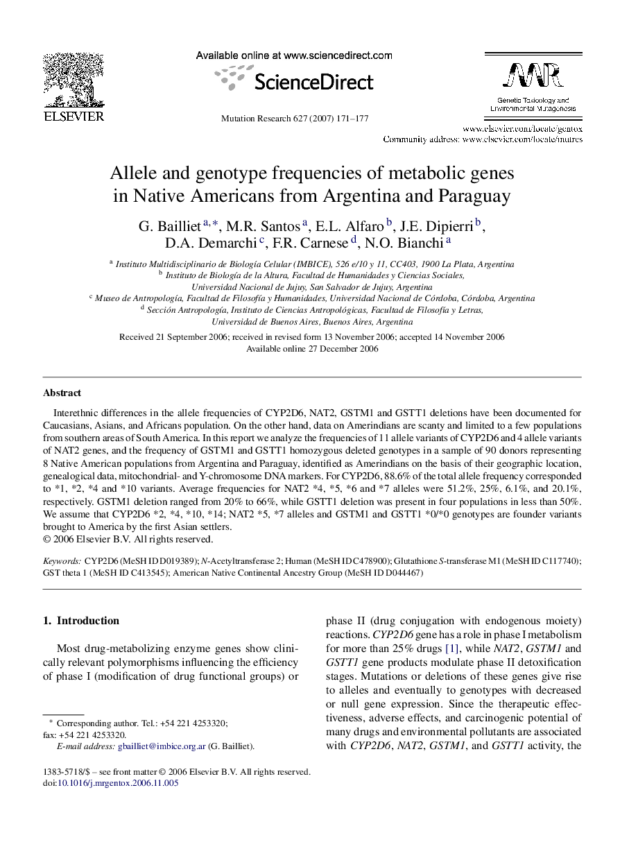 Allele and genotype frequencies of metabolic genes in Native Americans from Argentina and Paraguay