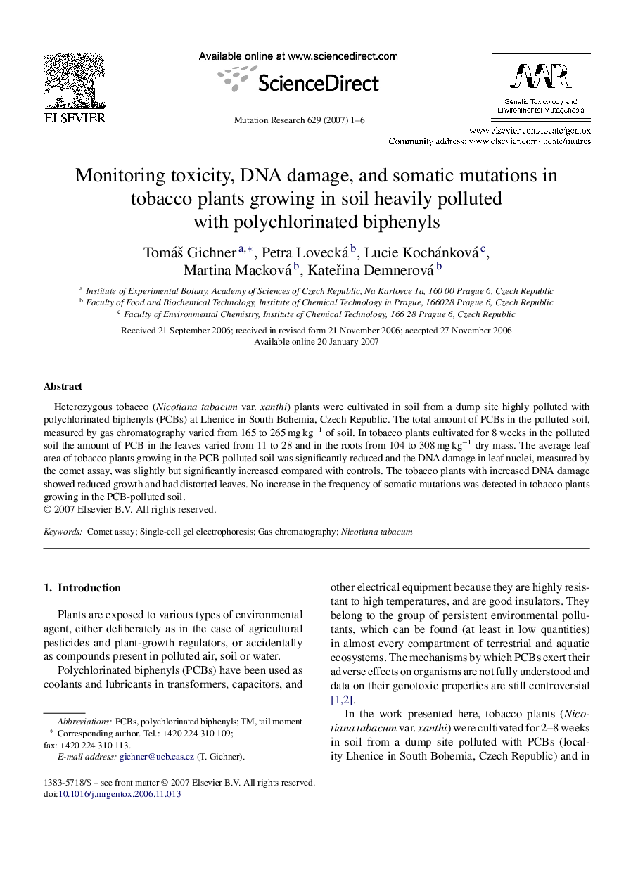 Monitoring toxicity, DNA damage, and somatic mutations in tobacco plants growing in soil heavily polluted with polychlorinated biphenyls