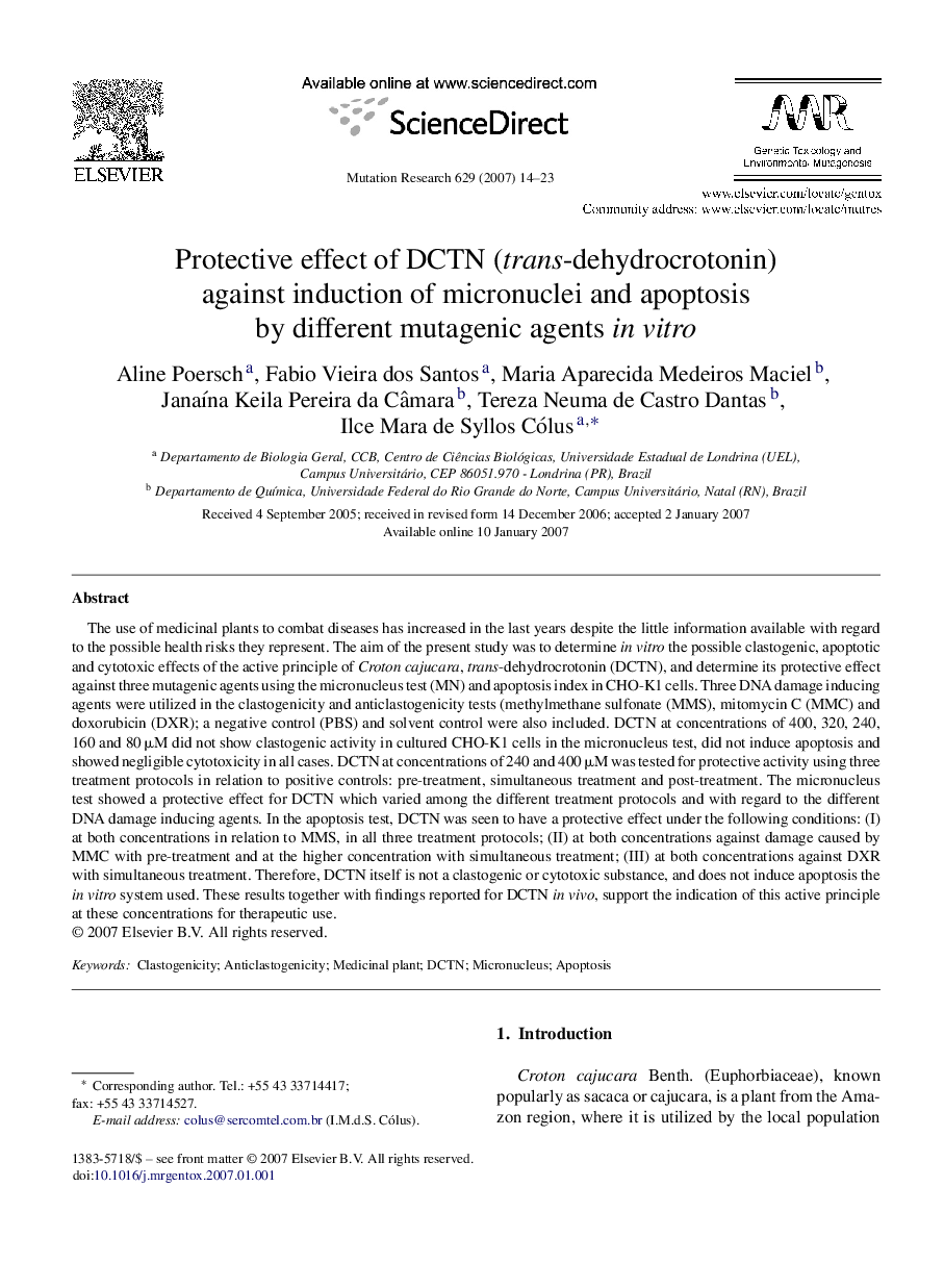 Protective effect of DCTN (trans-dehydrocrotonin) against induction of micronuclei and apoptosis by different mutagenic agents in vitro