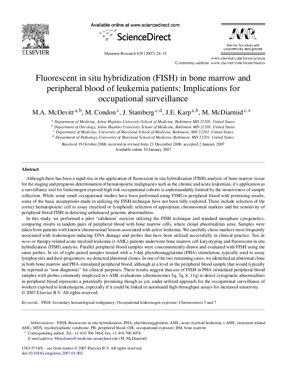 Fluorescent in situ hybridization (FISH) in bone marrow and peripheral blood of leukemia patients: Implications for occupational surveillance