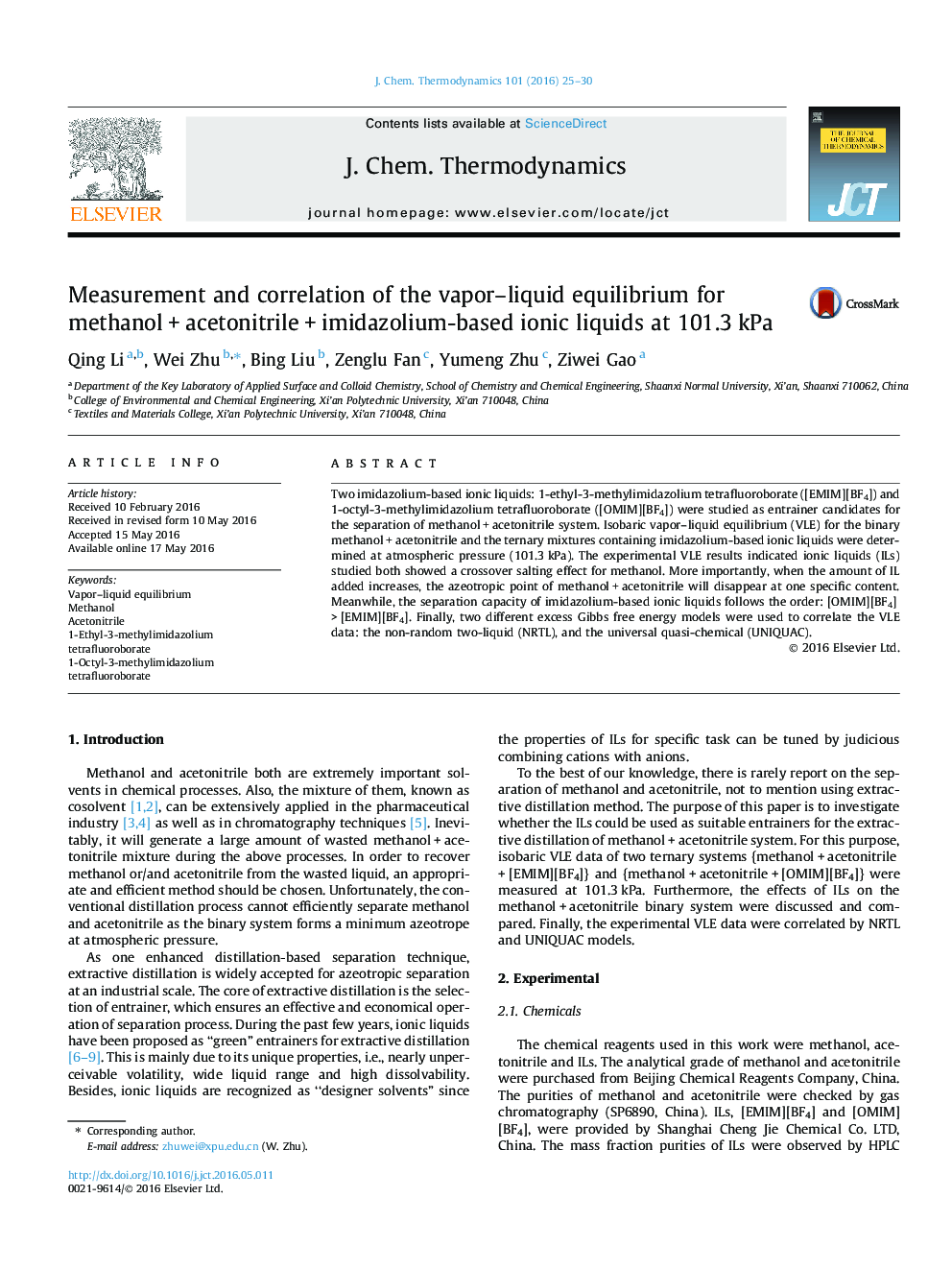 Measurement and correlation of the vapor–liquid equilibrium for methanol + acetonitrile + imidazolium-based ionic liquids at 101.3 kPa