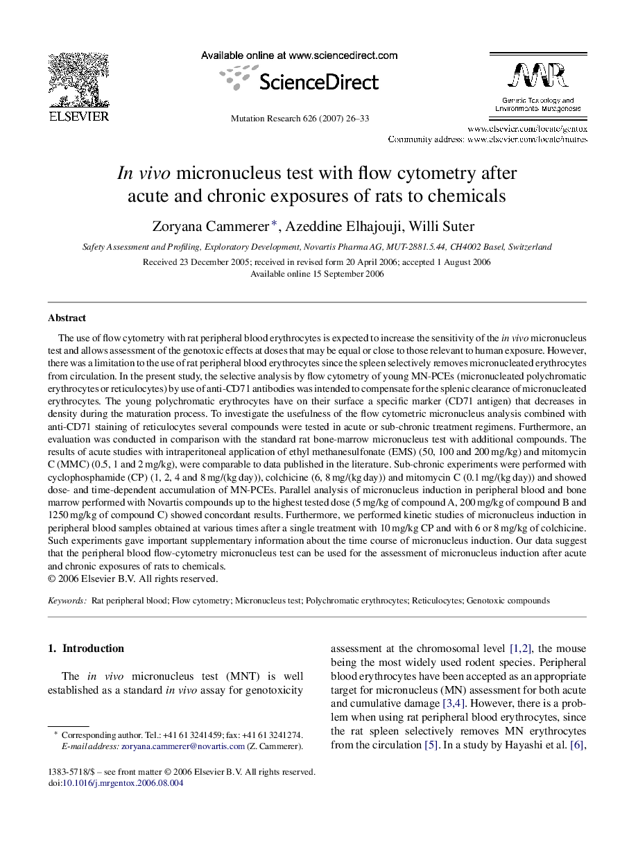 In vivo micronucleus test with flow cytometry after acute and chronic exposures of rats to chemicals