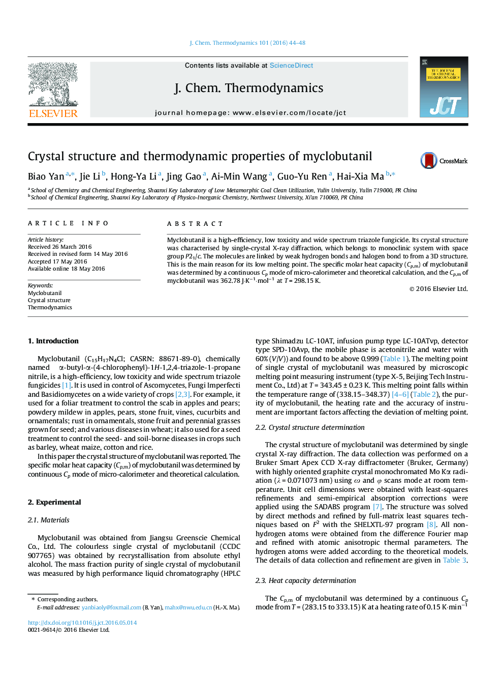 Crystal structure and thermodynamic properties of myclobutanil