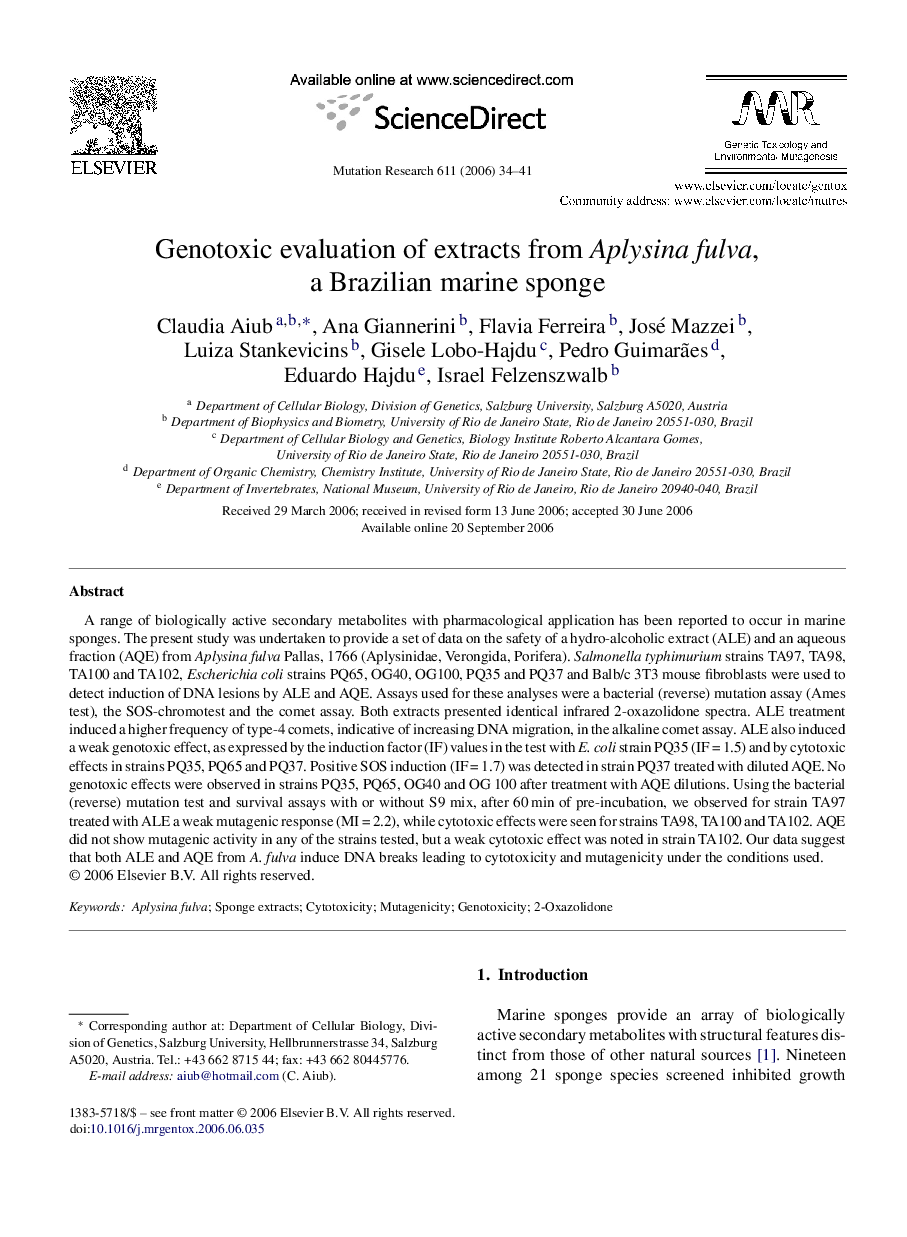 Genotoxic evaluation of extracts from Aplysina fulva, a Brazilian marine sponge