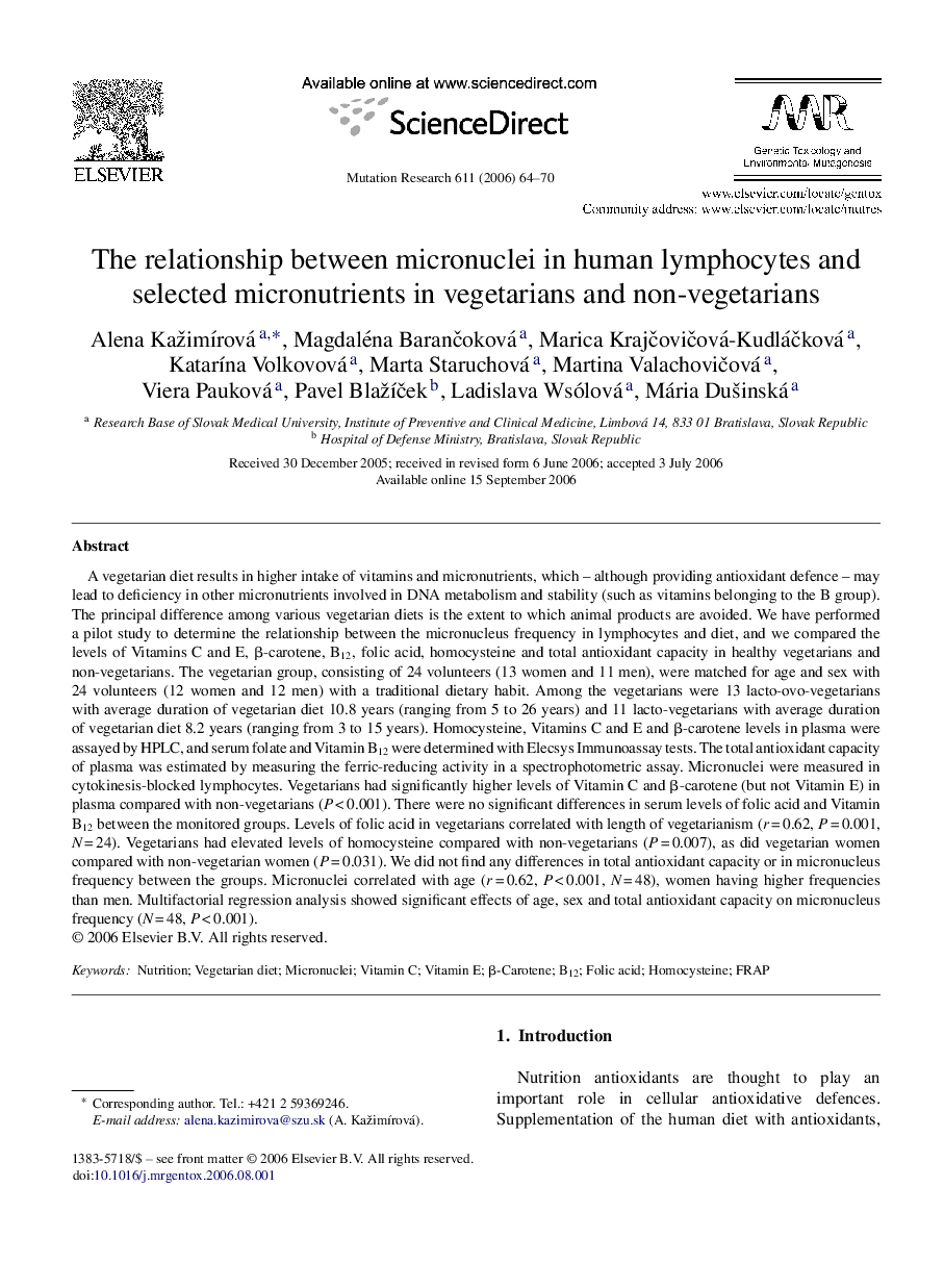 The relationship between micronuclei in human lymphocytes and selected micronutrients in vegetarians and non-vegetarians