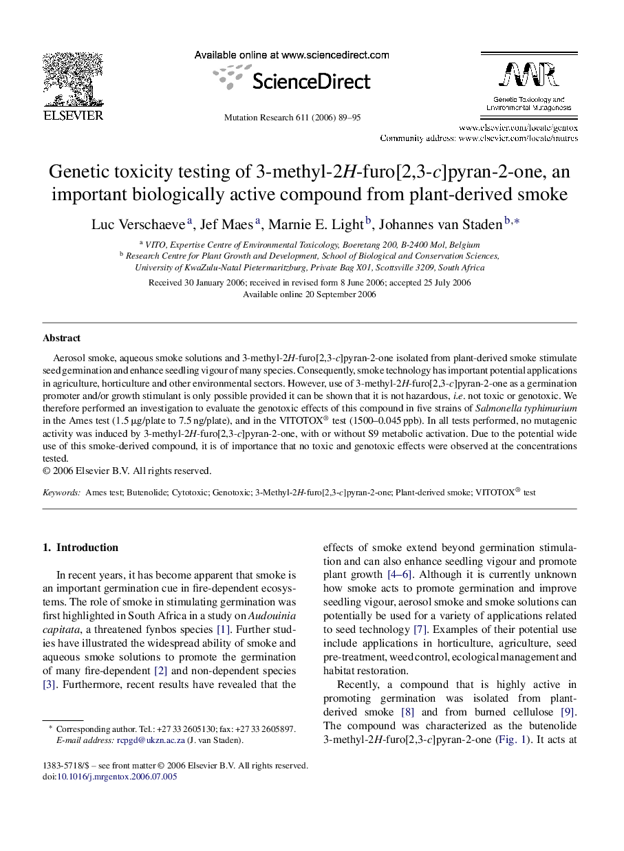 Genetic toxicity testing of 3-methyl-2H-furo[2,3-c]pyran-2-one, an important biologically active compound from plant-derived smoke