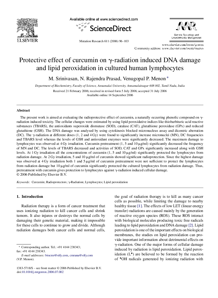 Protective effect of curcumin on γ-radiation induced DNA damage and lipid peroxidation in cultured human lymphocytes