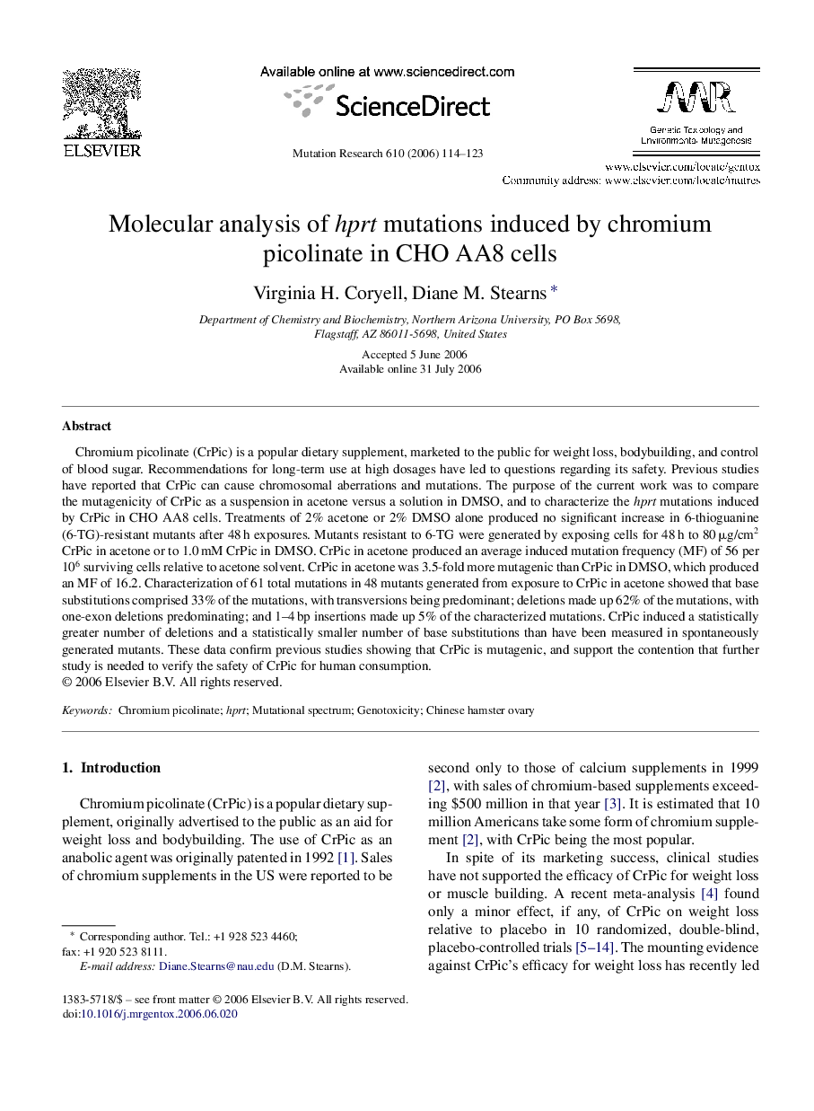 Molecular analysis of hprt mutations induced by chromium picolinate in CHO AA8 cells