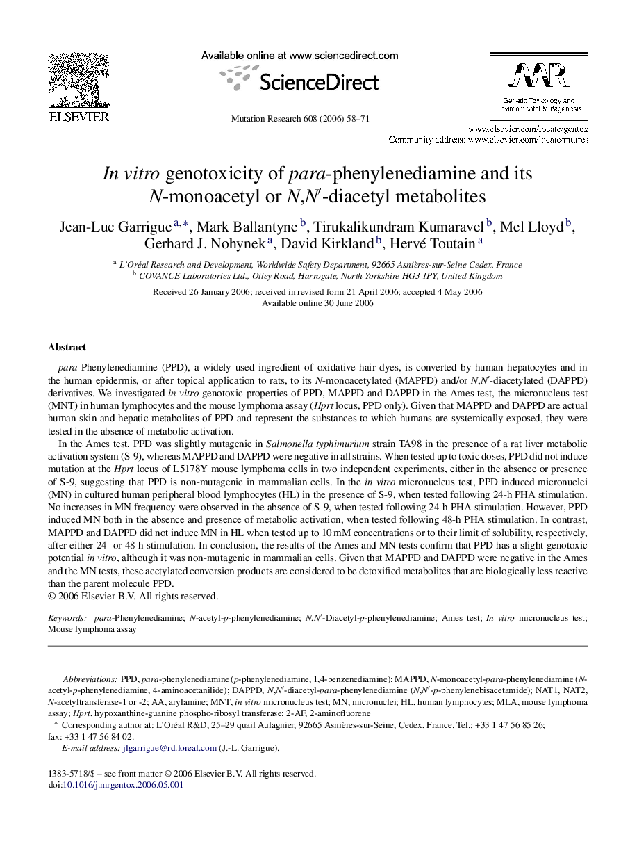 In vitro genotoxicity of para-phenylenediamine and its N-monoacetyl or N,Nâ²-diacetyl metabolites