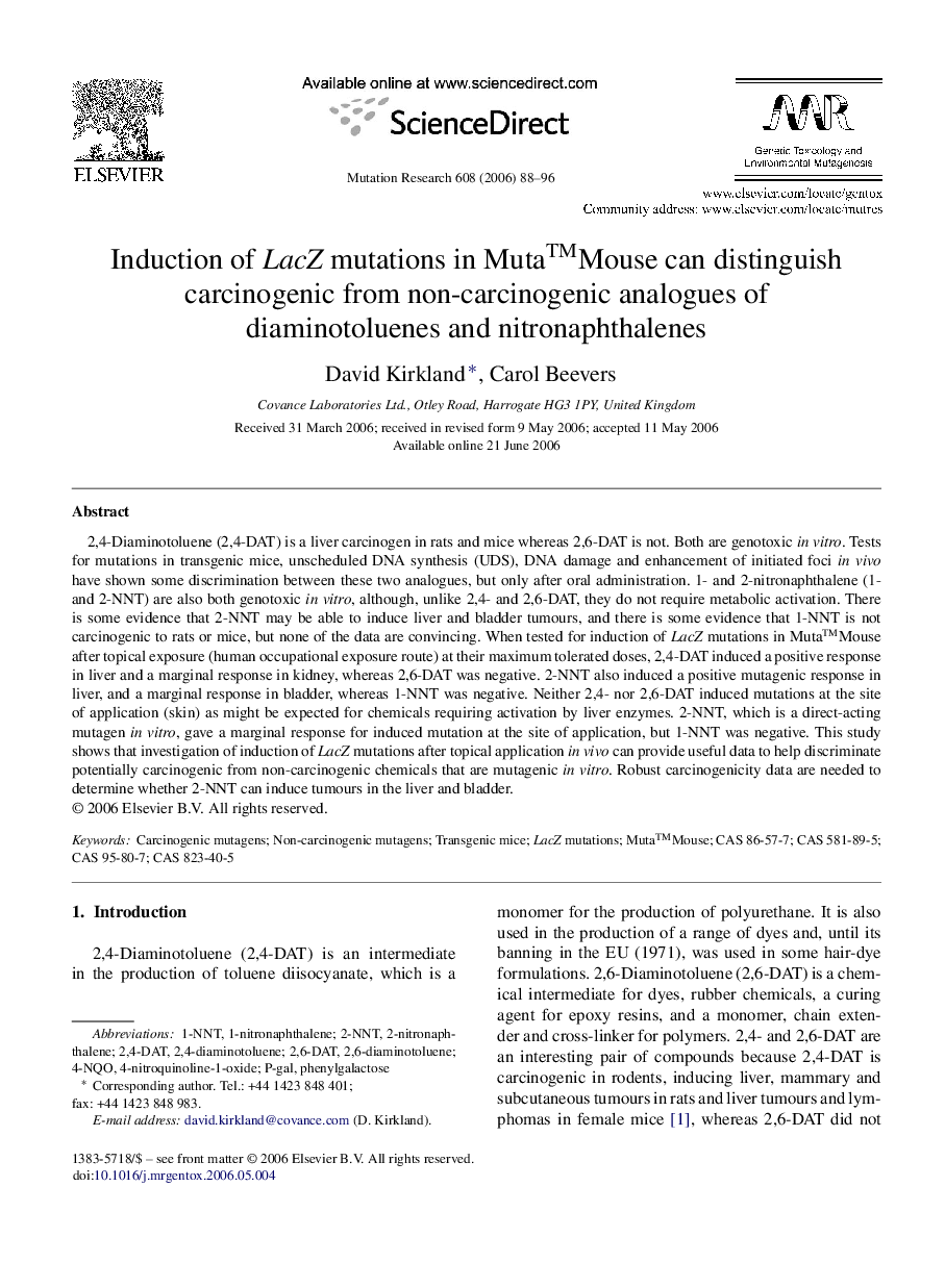 Induction of LacZ mutations in Mutaâ¢Mouse can distinguish carcinogenic from non-carcinogenic analogues of diaminotoluenes and nitronaphthalenes