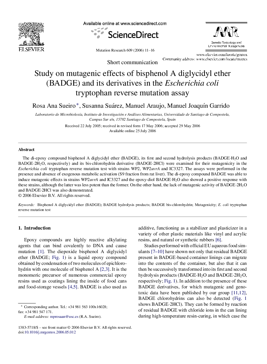 Study on mutagenic effects of bisphenol A diglycidyl ether (BADGE) and its derivatives in the Escherichia coli tryptophan reverse mutation assay