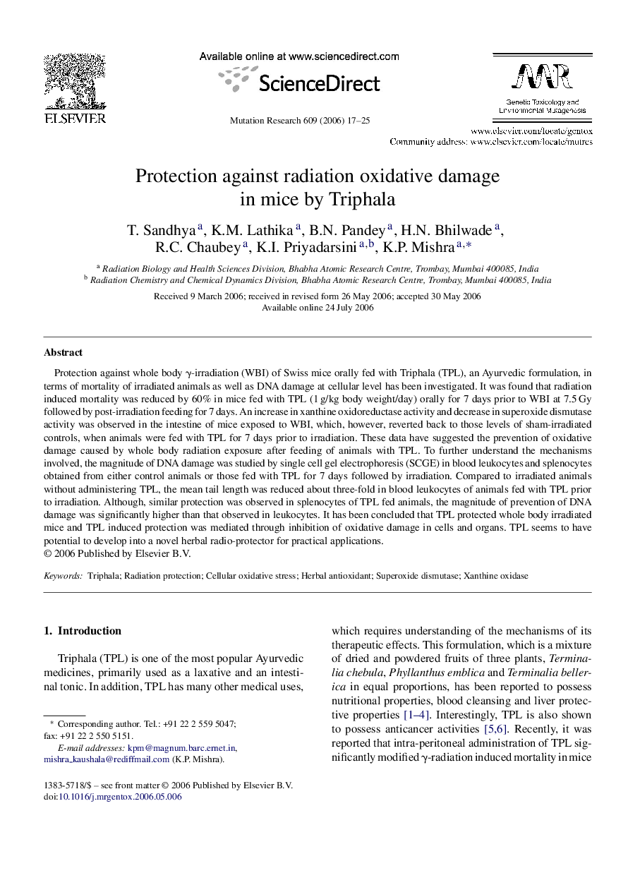 Protection against radiation oxidative damage in mice by Triphala