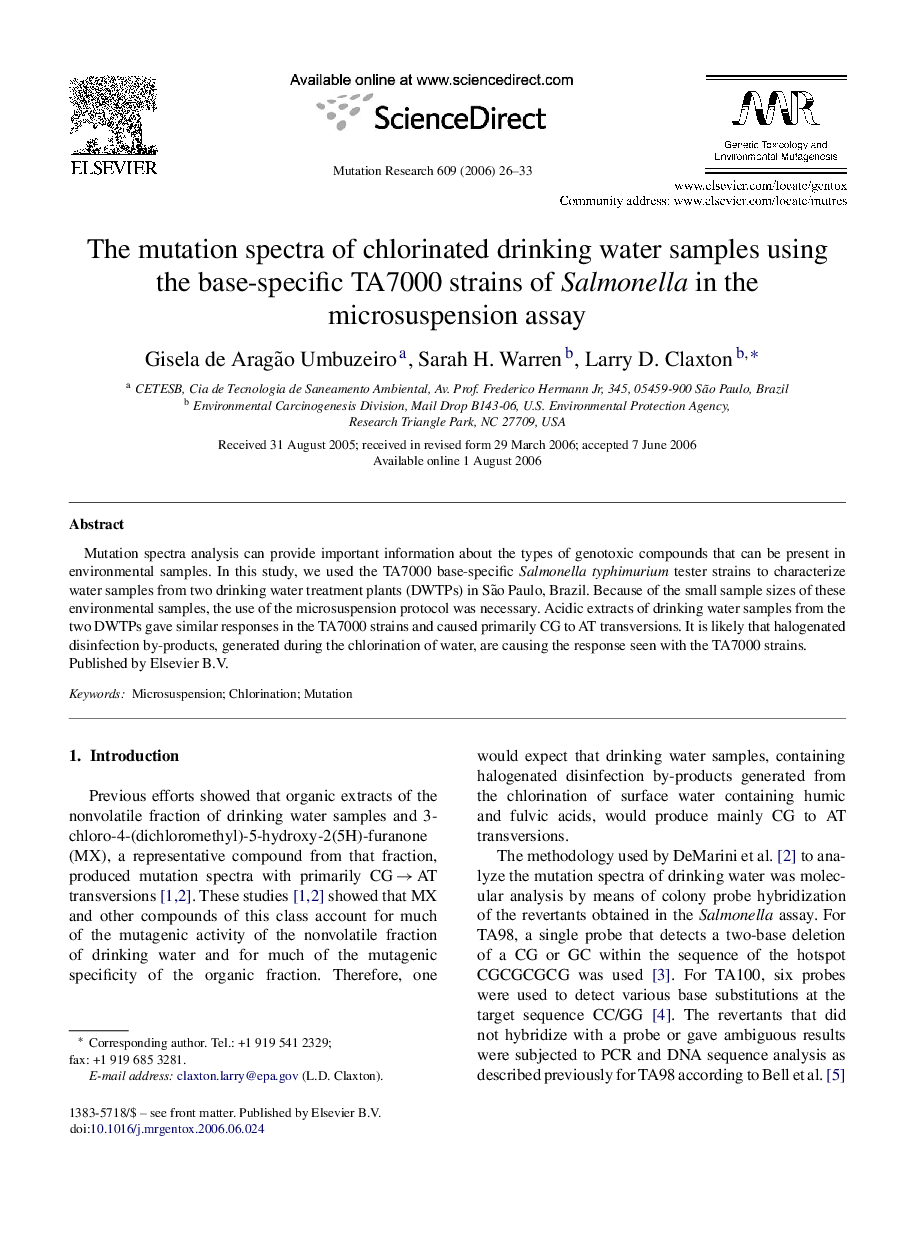 The mutation spectra of chlorinated drinking water samples using the base-specific TA7000 strains of Salmonella in the microsuspension assay