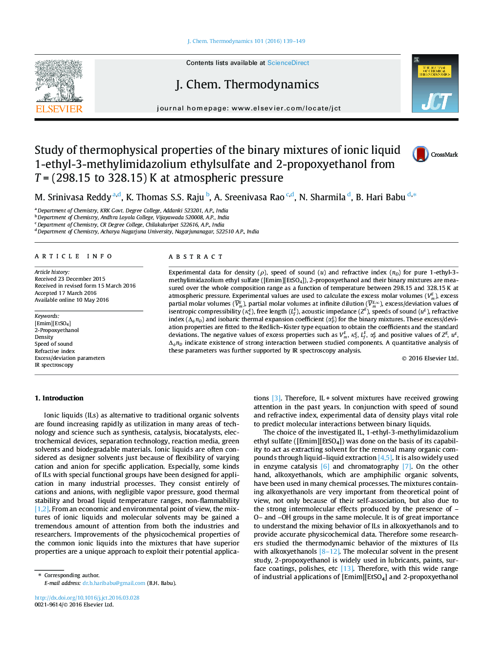 Study of thermophysical properties of the binary mixtures of ionic liquid 1-ethyl-3-methylimidazolium ethylsulfate and 2-propoxyethanol from T = (298.15 to 328.15) K at atmospheric pressure