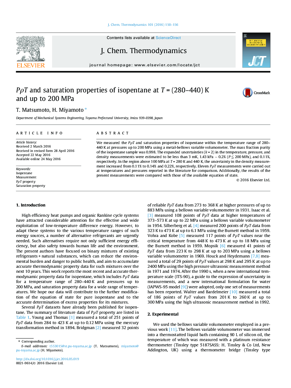 PρT and saturation properties of isopentane at T = (280–440) K and up to 200 MPa