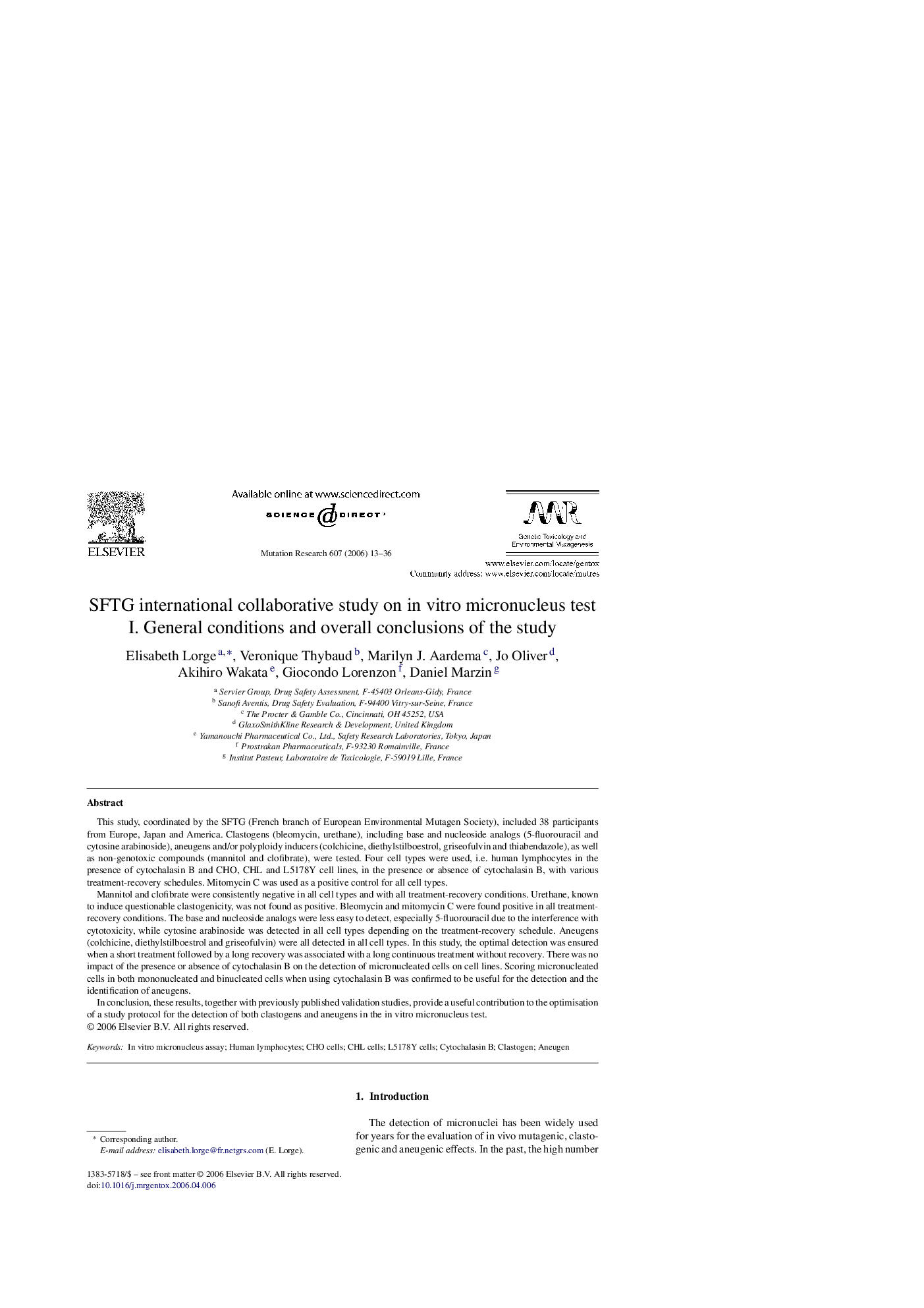 SFTG international collaborative study on in vitro micronucleus test: I. General conditions and overall conclusions of the study