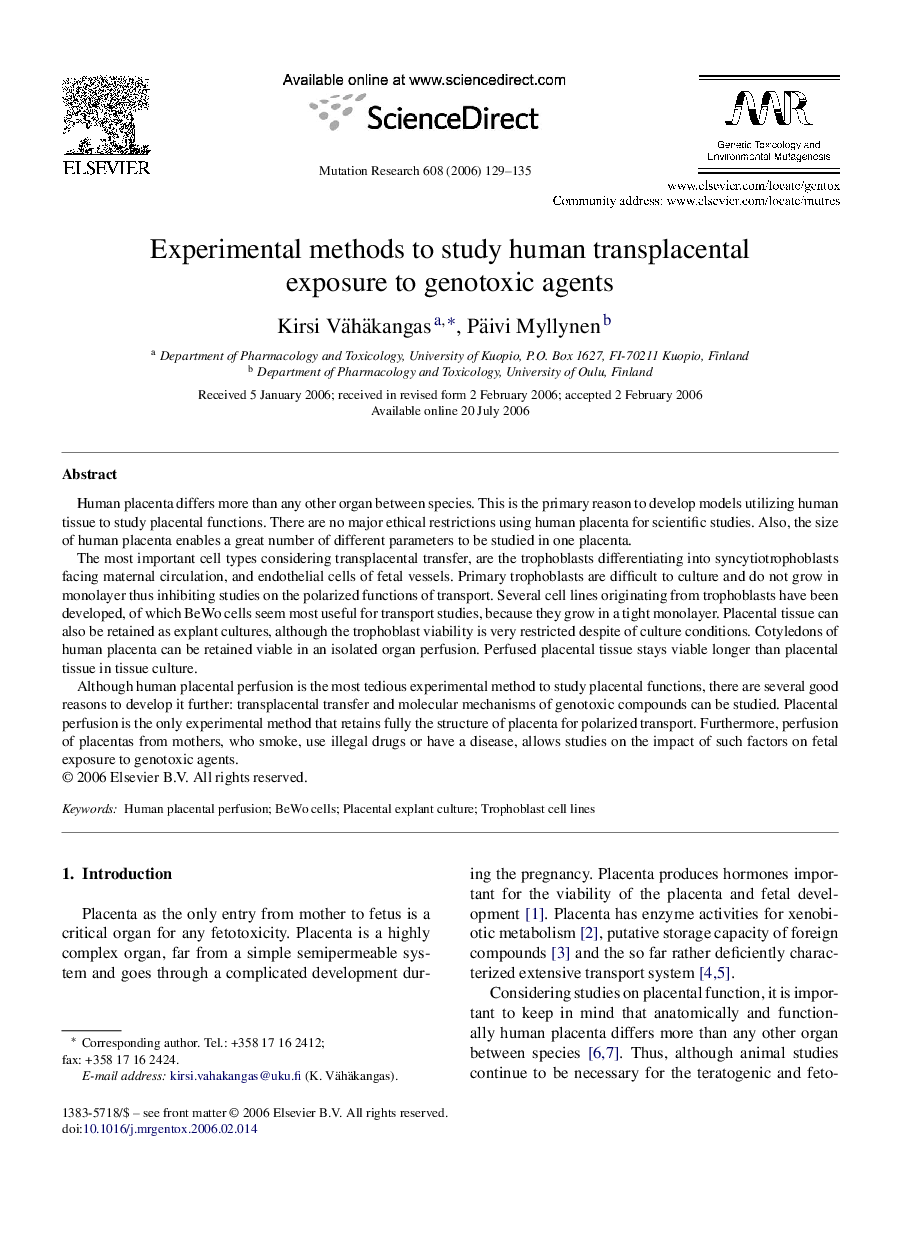 Experimental methods to study human transplacental exposure to genotoxic agents