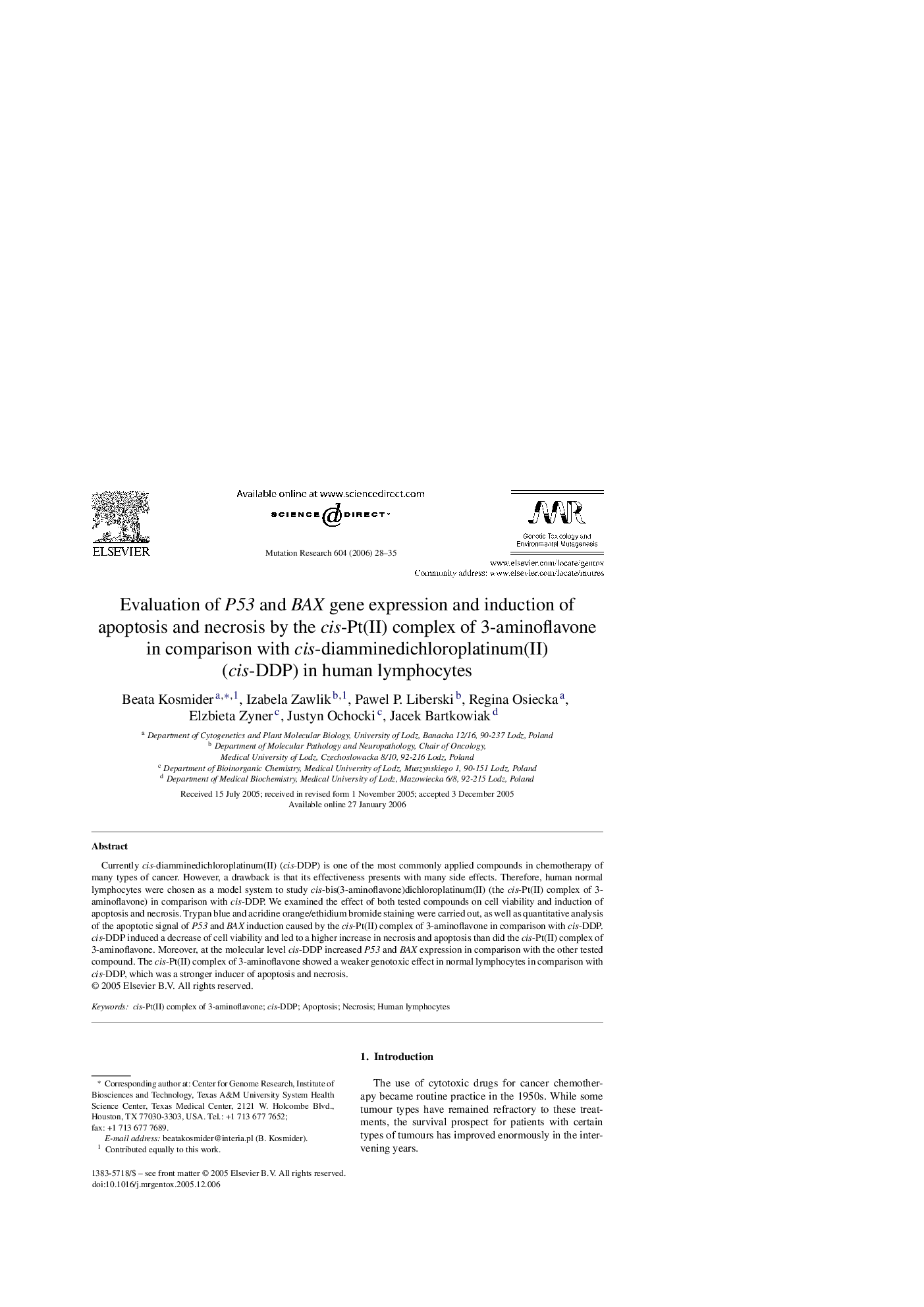 Evaluation of P53 and BAX gene expression and induction of apoptosis and necrosis by the cis-Pt(II) complex of 3-aminoflavone in comparison with cis-diamminedichloroplatinum(II) (cis-DDP) in human lymphocytes