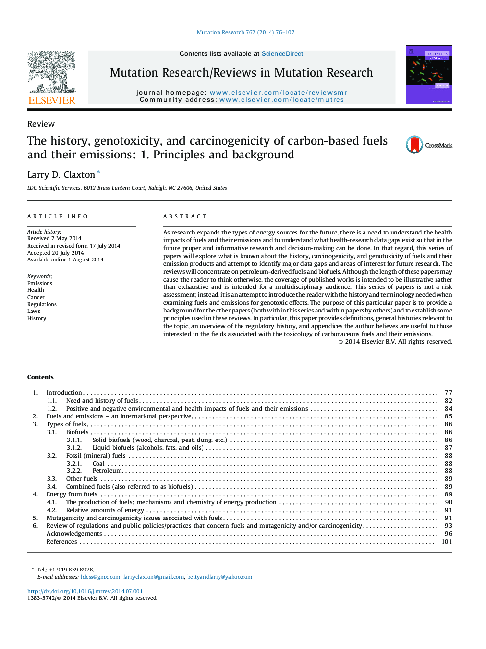 The history, genotoxicity, and carcinogenicity of carbon-based fuels and their emissions: 1. Principles and background