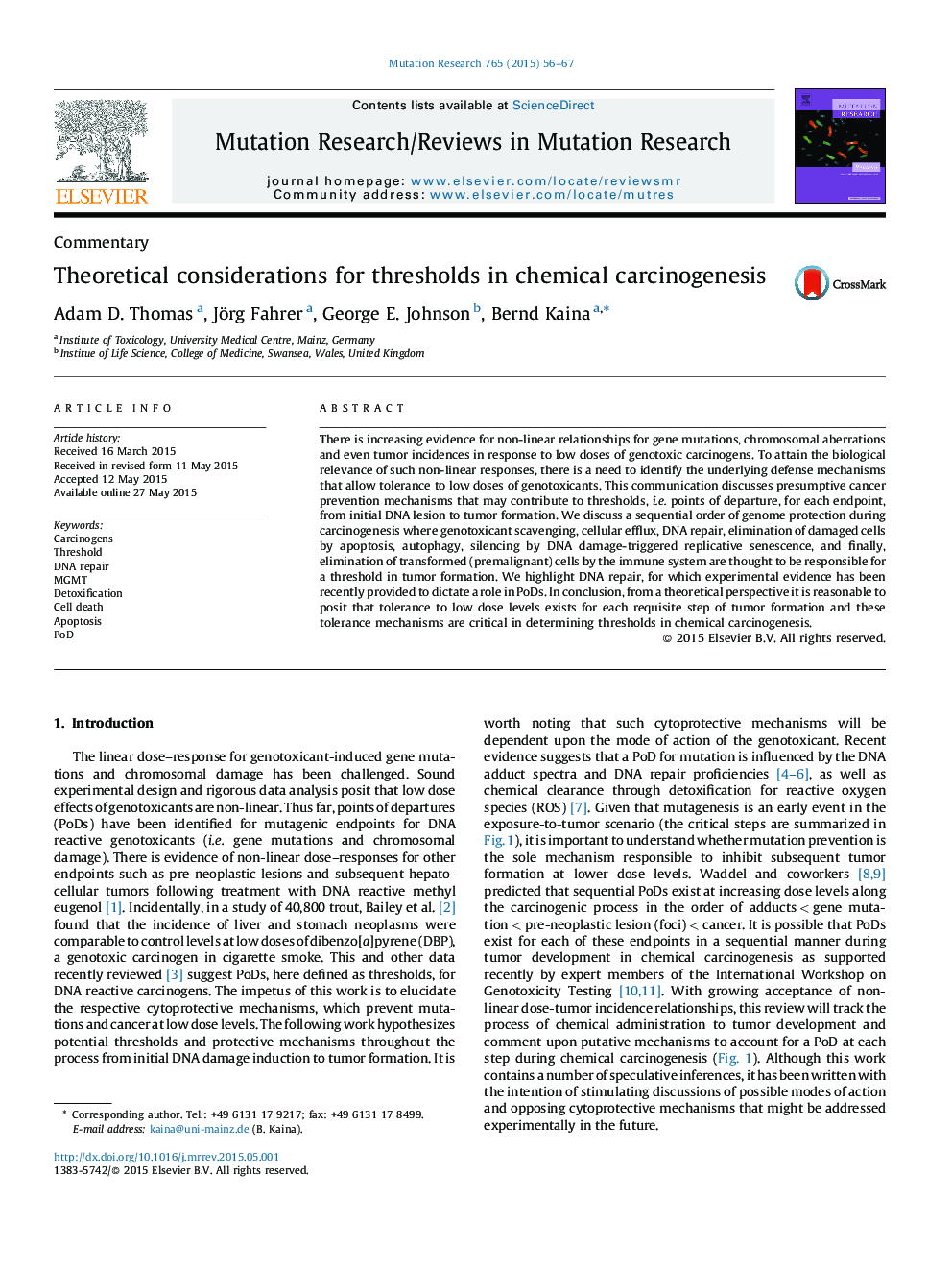 Theoretical considerations for thresholds in chemical carcinogenesis