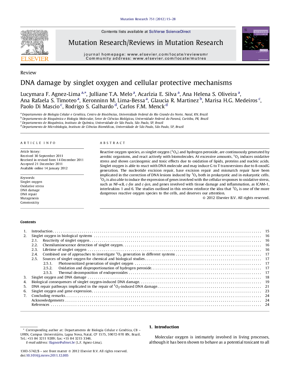 DNA damage by singlet oxygen and cellular protective mechanisms