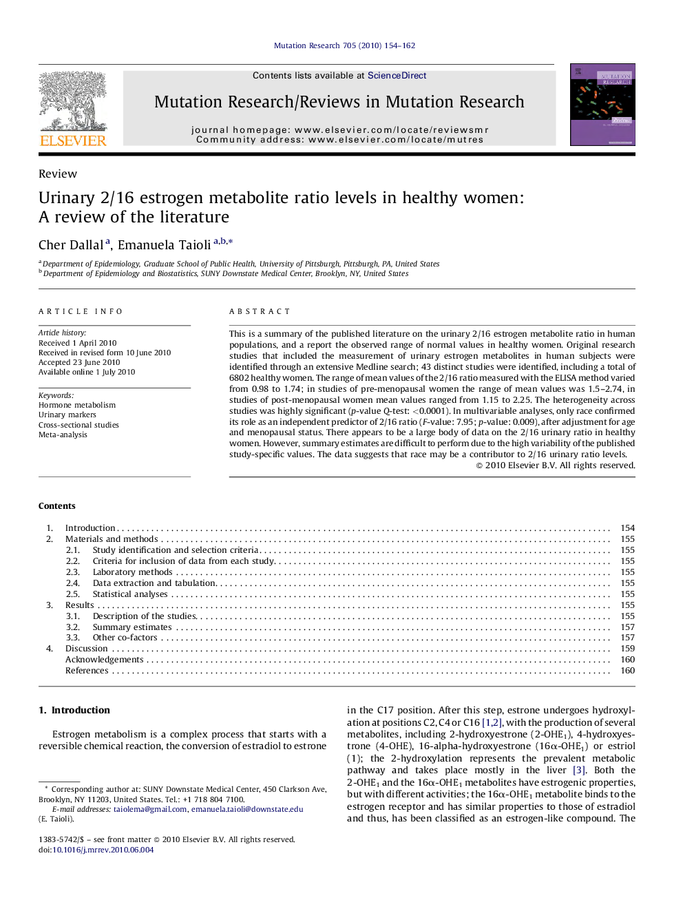 Urinary 2/16 estrogen metabolite ratio levels in healthy women: A review of the literature