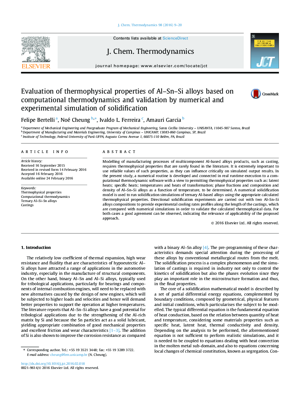 Evaluation of thermophysical properties of Al–Sn–Si alloys based on computational thermodynamics and validation by numerical and experimental simulation of solidification